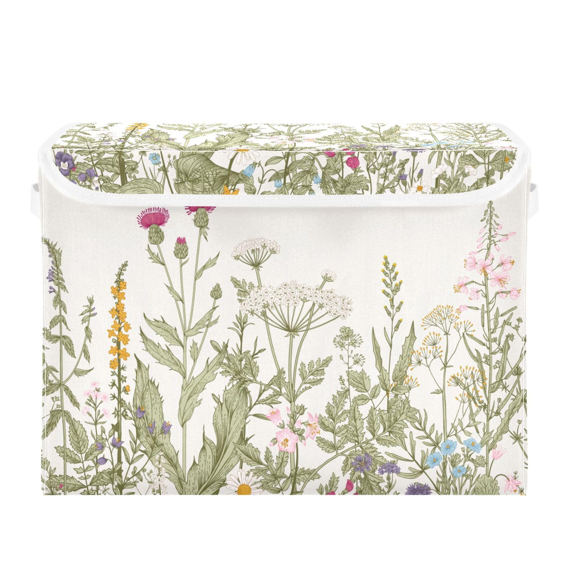 Xigua Vintage Colorful Herbs And Wild Flowers Floral Storage Bins With Lids And Carrying Handle,Foldable Storage Boxes Organizer