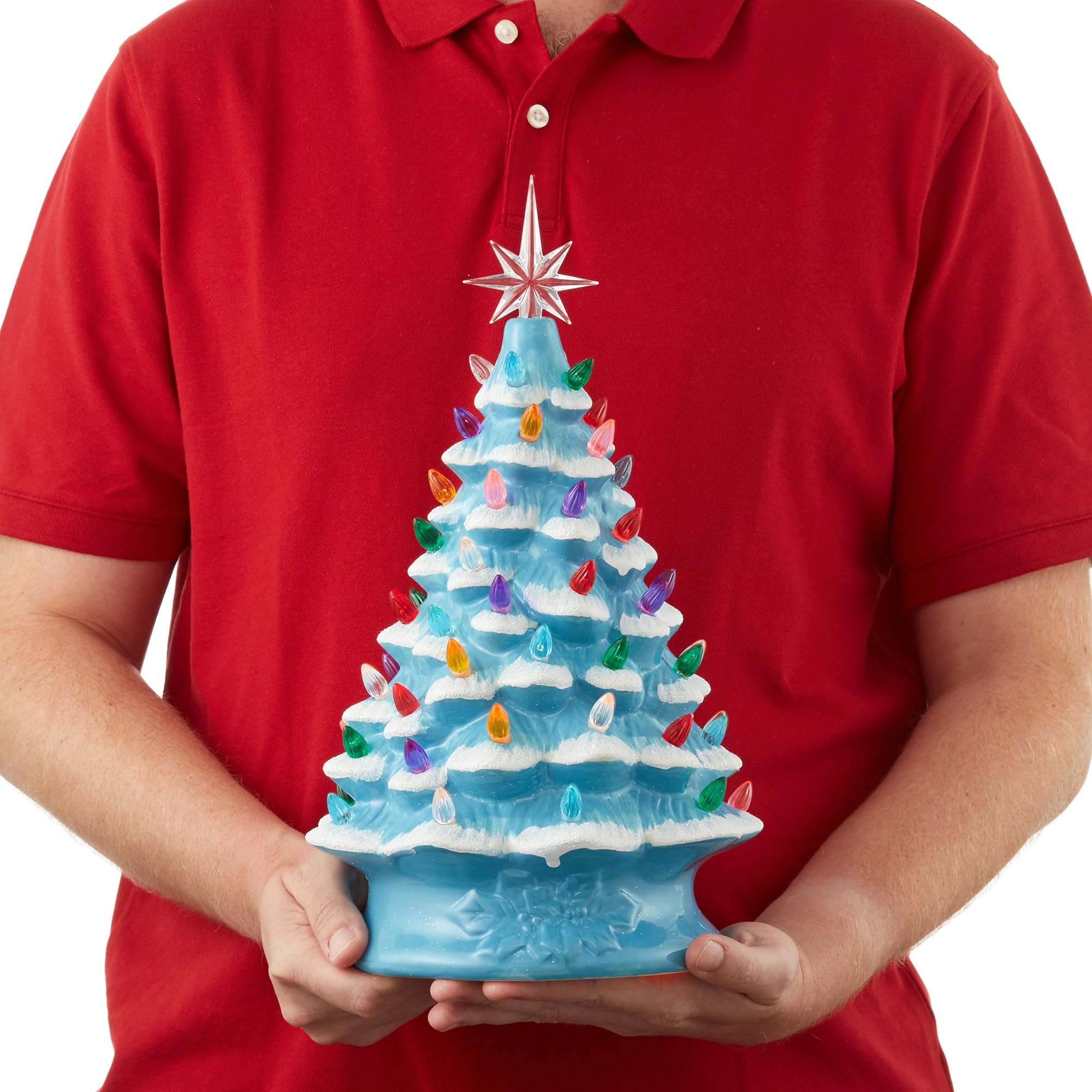 Casafield Hand Painted Ceramic Christmas Tree, Blue Snow Flocked 15-Inch Pre-Lit Tree with 128 Multi Color Lights and 2 Star Top