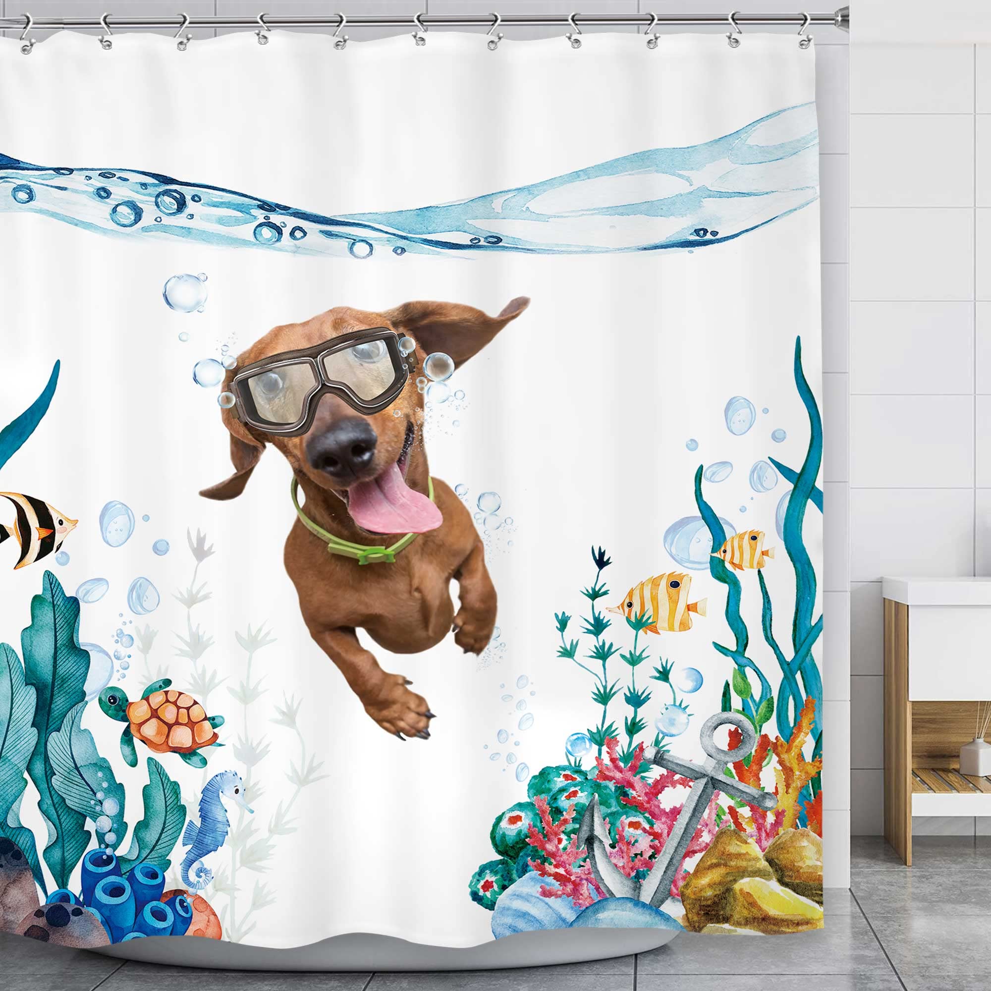 Lghtyro Kids Funny Dog Dachshund Shower Curtain Bathroom Set 71Wx71H Inches Sea Ocean Nautical Cute Animal Fish Turtle Anchor Co