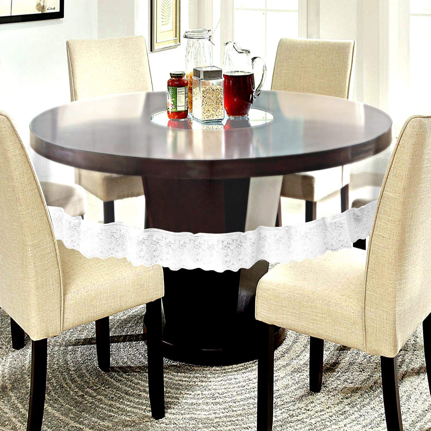 MONKDECOR PVC Transparent 6 Seater Round Dining Table Cover with Silver Lace (Size72 Inch Round)