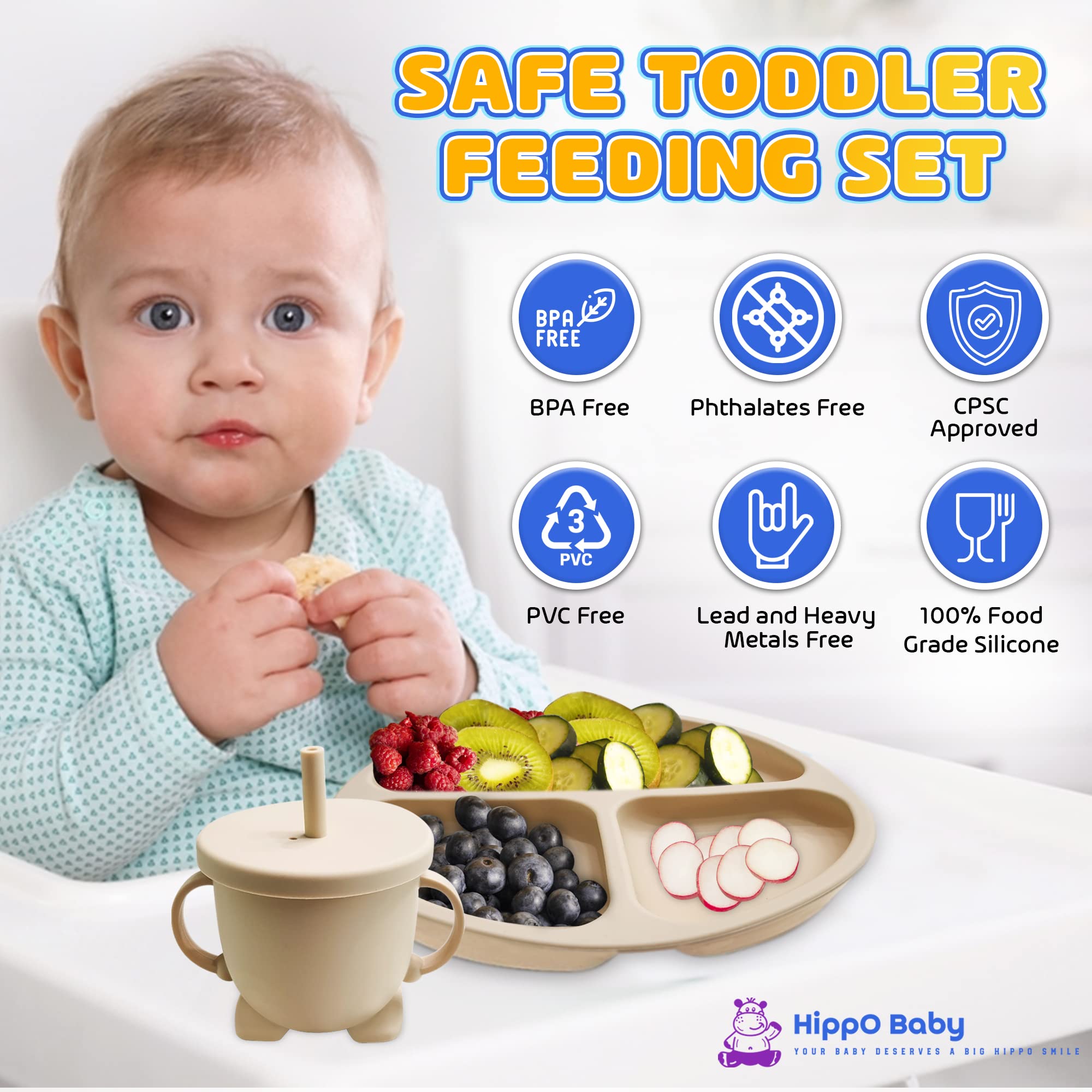 HippoBaby Baby Led Weaning Supplies | 10 Piece Silicone Feeding Set | Baby Toddler Bib Cup Divided Plate and Bowl Self Feeding S