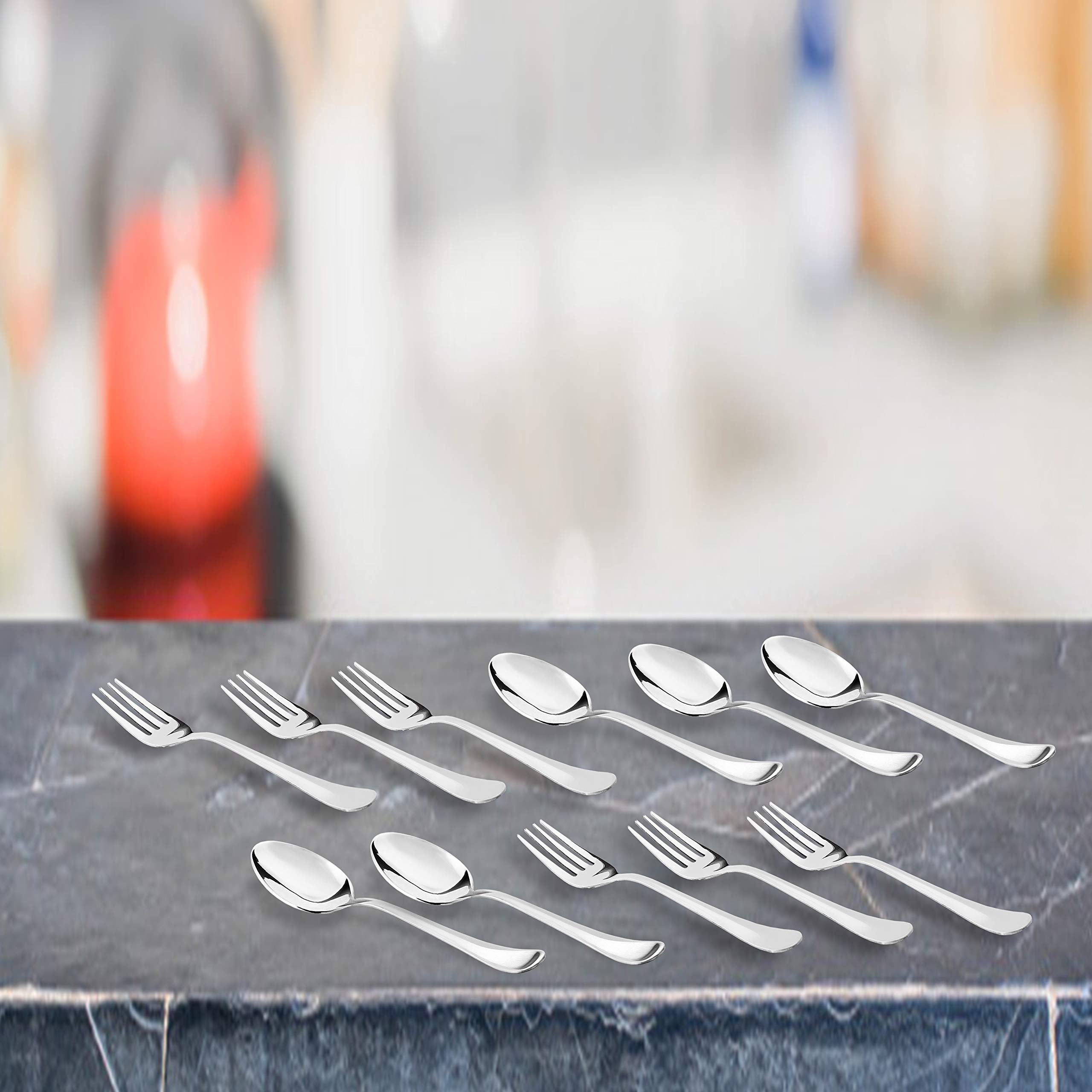 Sumeet Stainless Steel Premium Quality Spoon and Fork set of 12 Pc (Baby/Medium Spoon 6 Pc (16cm L), Baby/Medium Fork 6 Pc (15.5