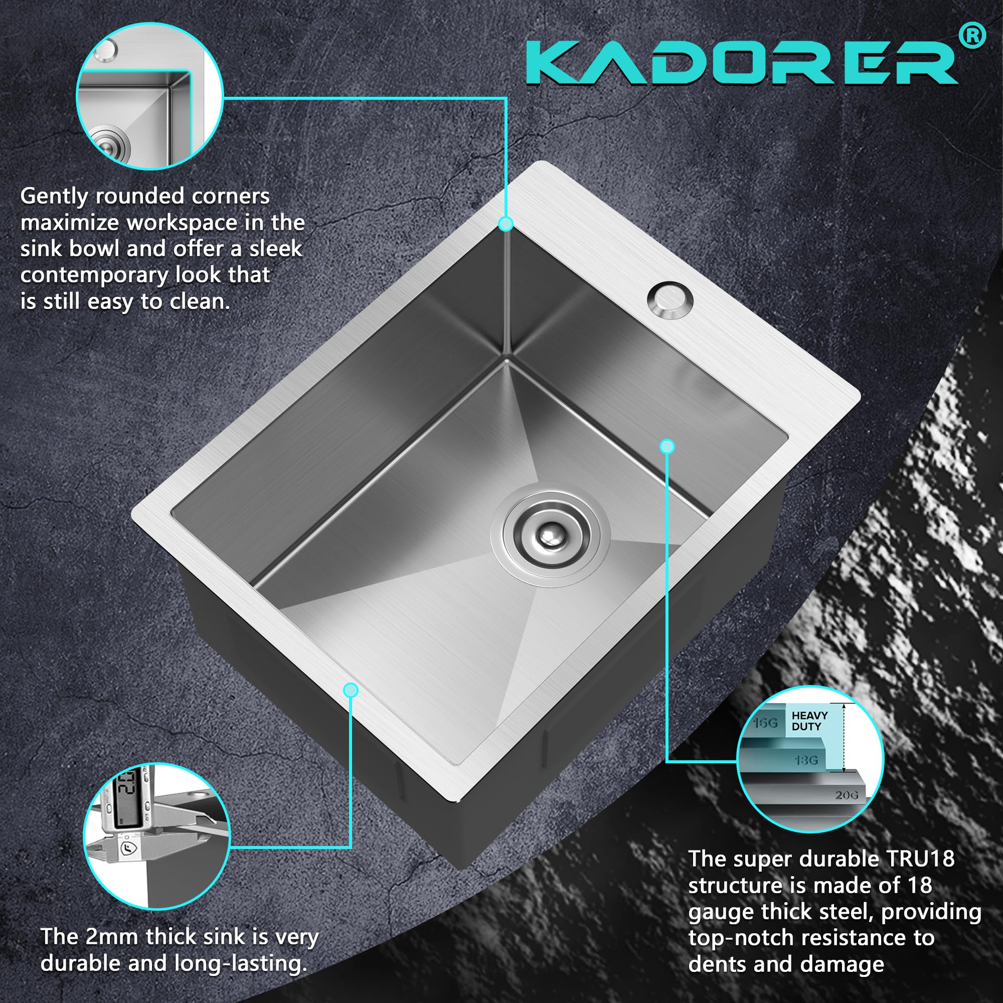 15 X 20 Inch Drop In Kitchen Bar Sink, Small Kitchen Sink Single Bowl Topmount Bar Prep Sink 18 Gauge Stainless Steel Bar Sink W