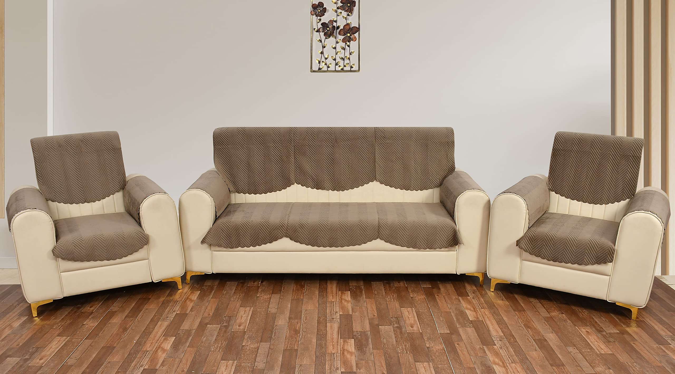 Yellow Weaves 5 Seater Quilted Sofa Cover And Chair Cover With Arm Cover, Seat & Back Cover, Color - Greyish Brown