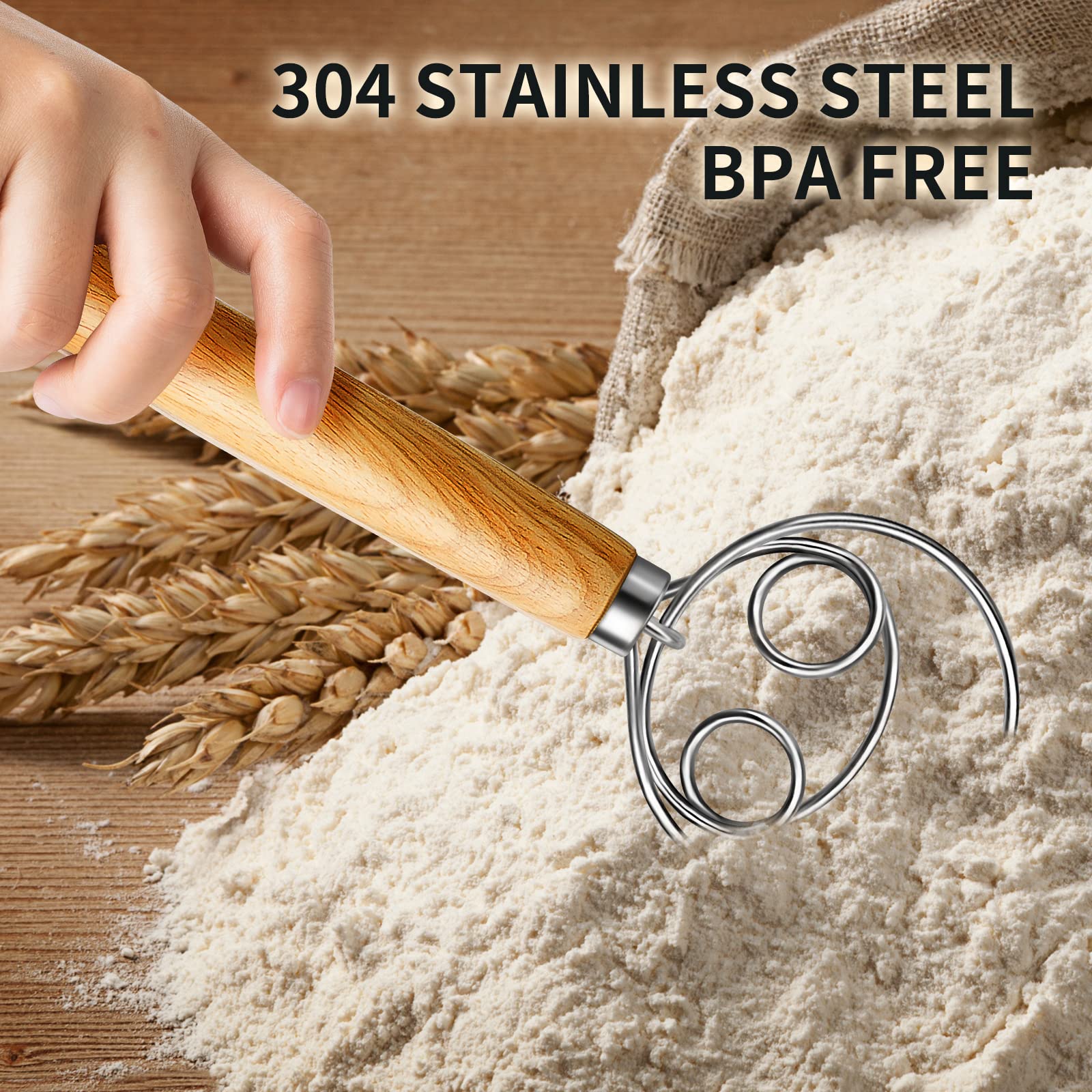 Teevea Danish Dough Whisk Stainless Steel Dough Hook Dutch Whisk For Sourdough Bread Dough Mixer Hand Wooden Handle Kitchen Whis