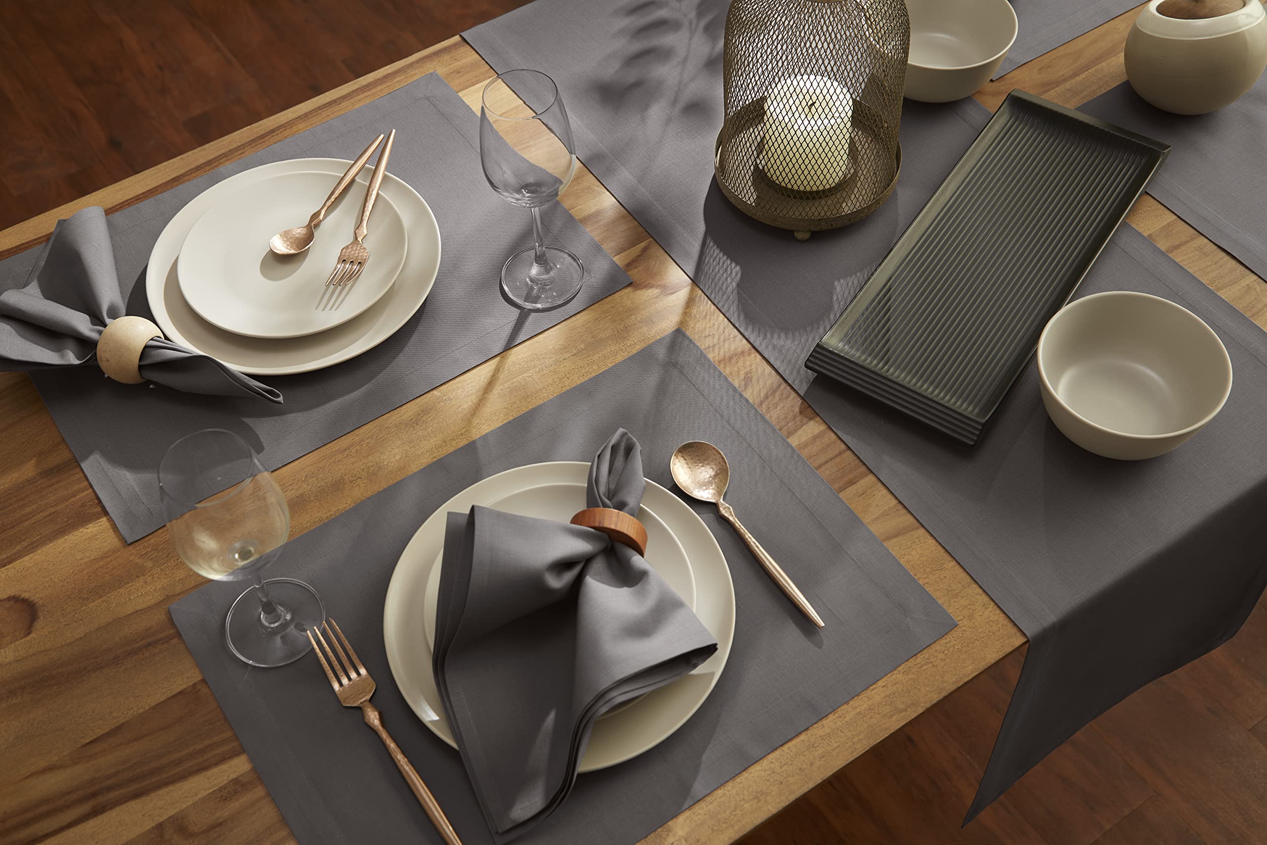 Solino Home Grey Placemats Set Of 4 - Cotton Linen Cloth Placemats 19 '' L X 14 '' W Inch - Machine Washable Fabric Placemats Fo