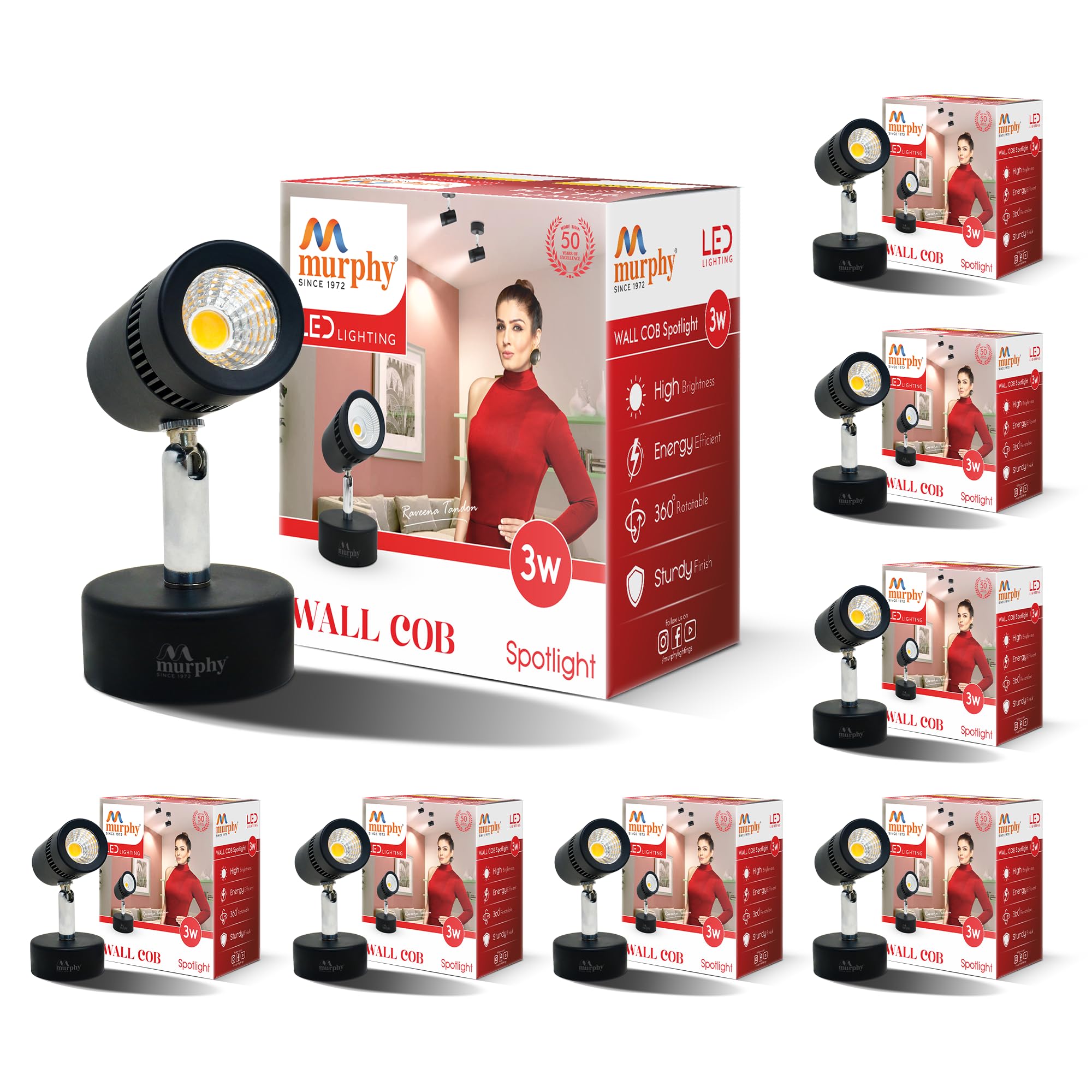 Murphy 3W Adjustable Black Aliminum Led Wall Cob Surface Mounted Spot Light With 2 Years Warranty (Warm White, Pack Of 8)