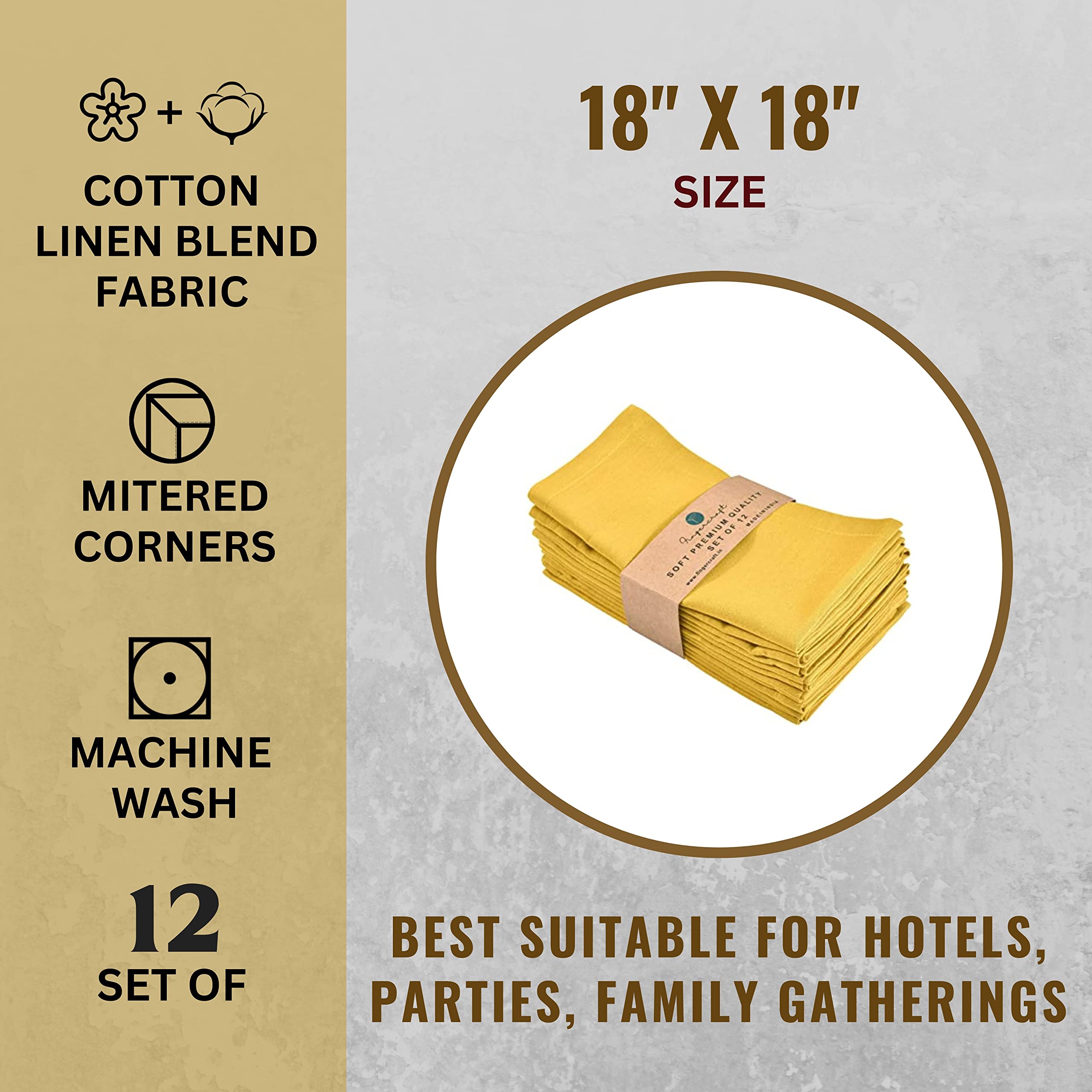 Dinner Cloth Napkins Yellow In Cotton Linen Blend Fabric 12 Pack, Premium Quality, Mitered Corners For Every Day Use Napkins Are