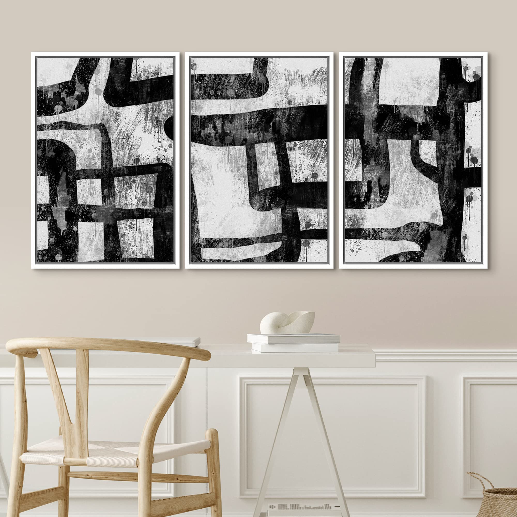 Idea4Wall Framed Wall Art Print Set Industrial Black & White Swirling Line Art Pattern Abstract Shapes Illustrations Modern Art