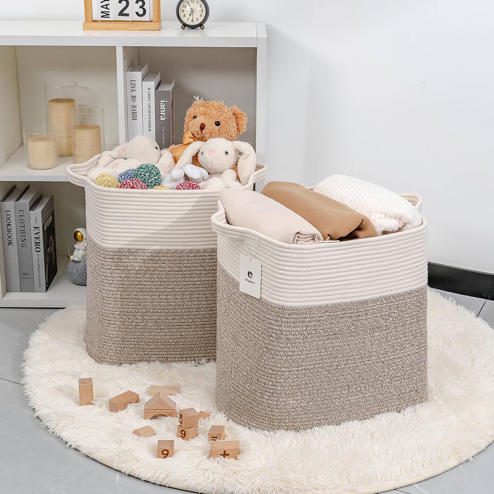 Laughbird Tall Storage Baskets For Clothes Fabric Cotton Rope Storage Basket Bin With Handles, Decorative Woven Basket For Livin