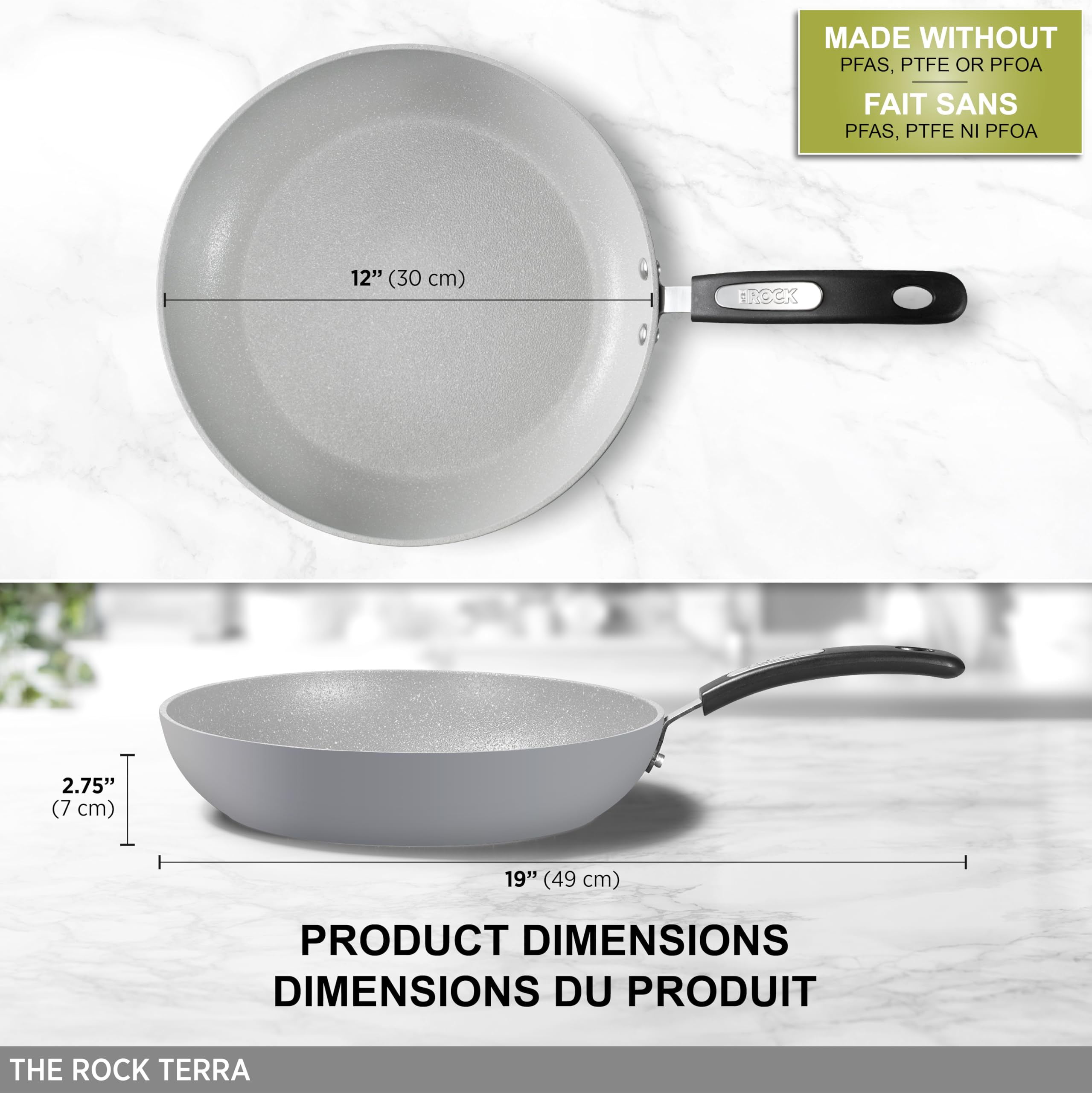 Starfrit The Rock Terra 30Cm (12'') Ceramic Non-Stick Fry Pan - Thick Aluminium Base - Pfoa Free - Easy To Clean - Grey