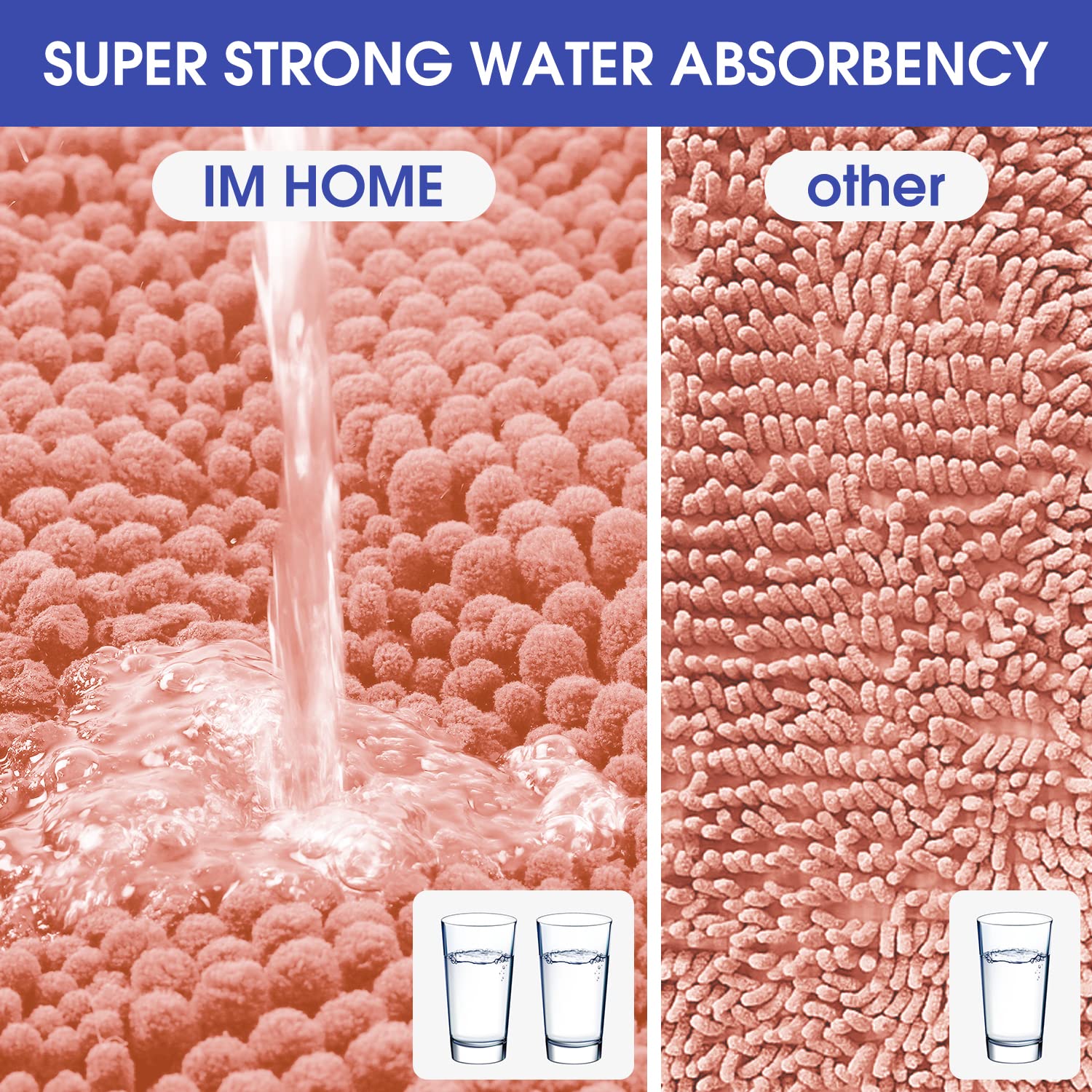 Accumtek Striped Coral Bathroom Rug Set 3 Pieces Ultra Soft, Non Slip Chenille Toilet Mat, Absorbent Plush Shaggy Bath Mats For