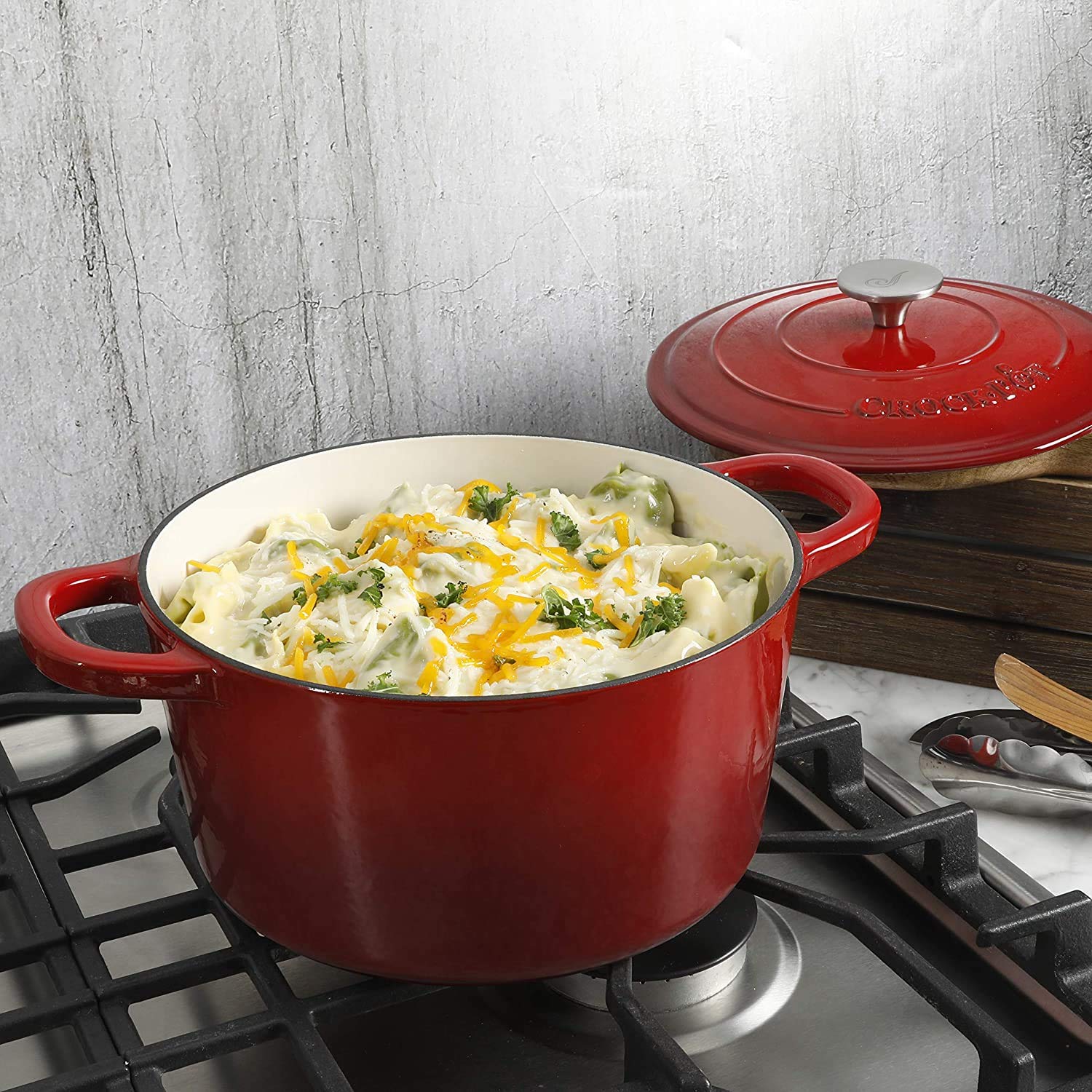Crock Pot Artisan 5 Quart Enameled Cast Iron Round Dutch Oven, Red
