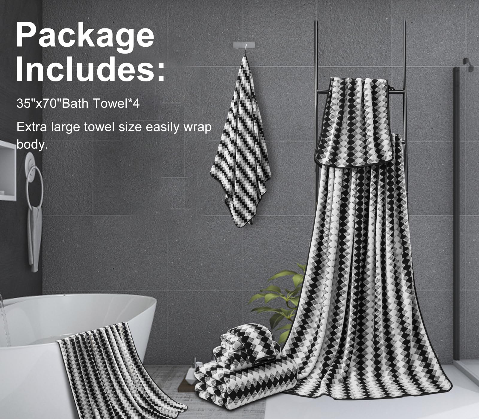 4 Piece Bath Towel Black Oversized Bath Sheet 35''X70'' Bathroom Towel Extra Large Bath Towel Set Soft Highly Absorbent & Quick