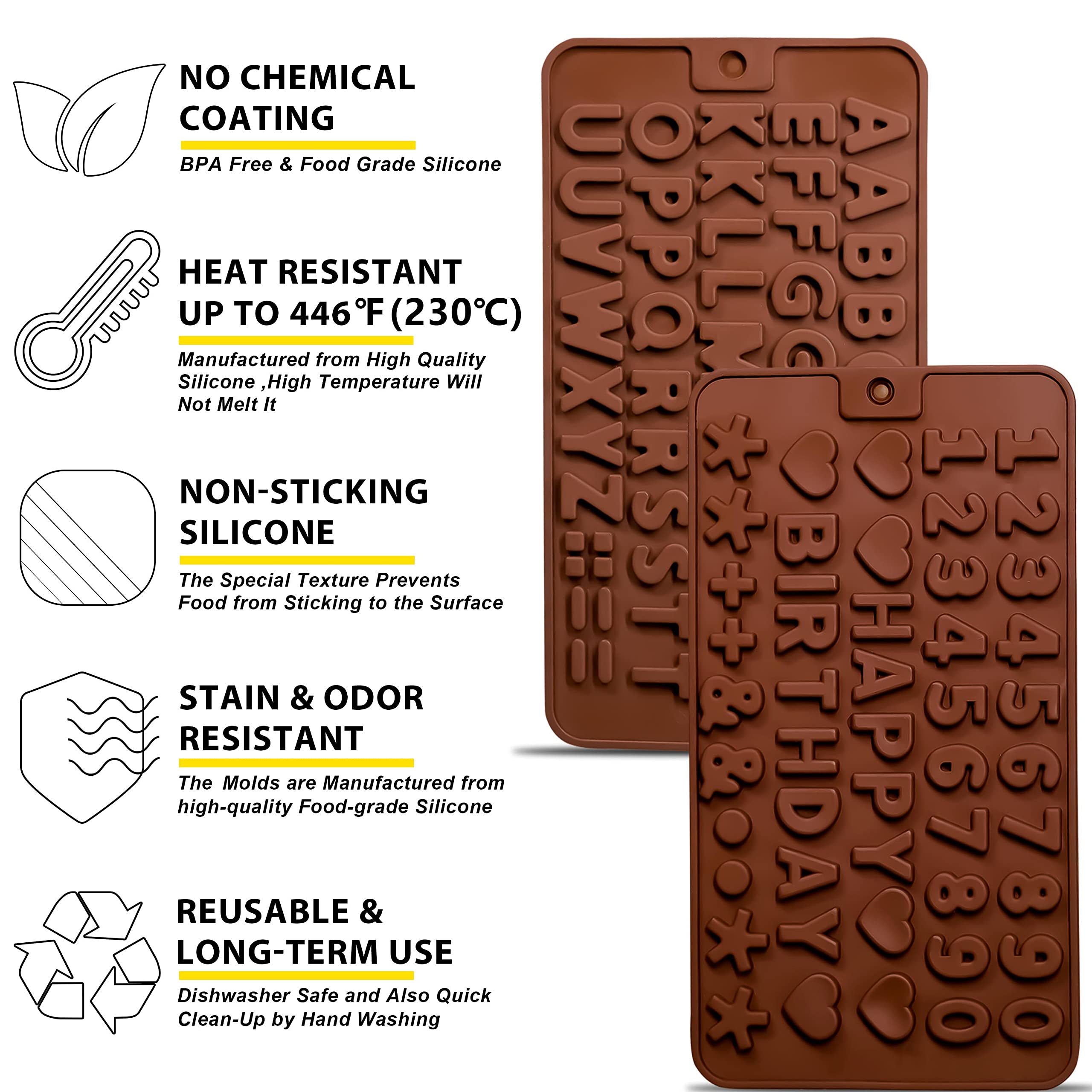ANAEAT Silicone Letter and Number Chocolate Molds  2 Pack Alphabets & Numbers Candy Baking Mold with Happy Birthday Cake Decorations Symbols - for DIY Chocolates  Candies or Fondant