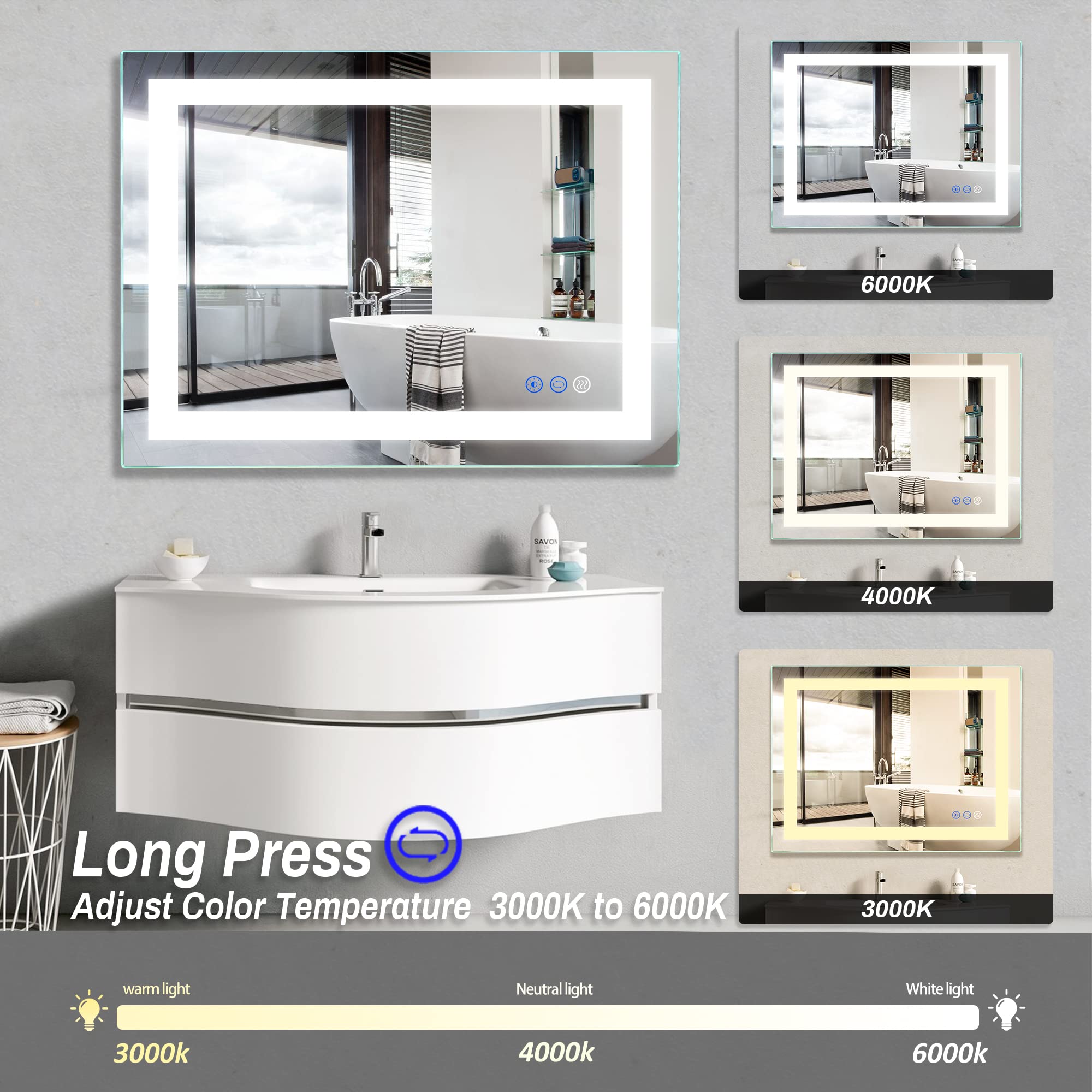 FITLAND 32''x 24'' LED Bathroom Mirror Vanity Mirror  Anti-Fog  Dimmable  Color Temperature Adjustable 3000-6000K  Switch-held Memory Led Wall Mirror Suitable for Bathroom  Vanity (Vertical/Horizontal)