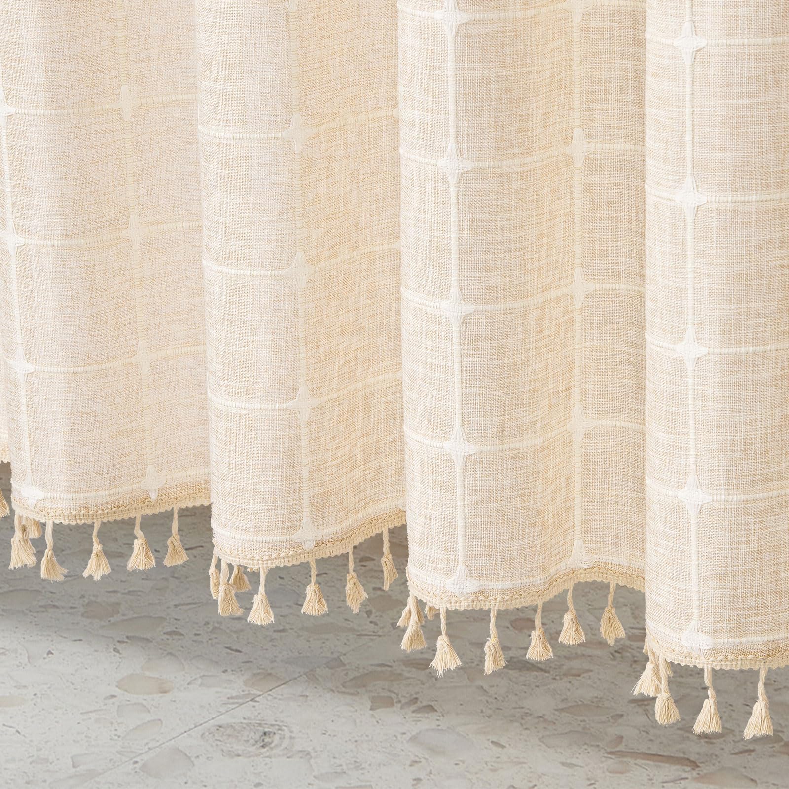 Mitovilla Cream Boho Extra Long Shower Curtain 72 X 84, Modern Farmhouse 84 Inch Xl Cotton Linen Texture Tassel Fabric Shower Cu