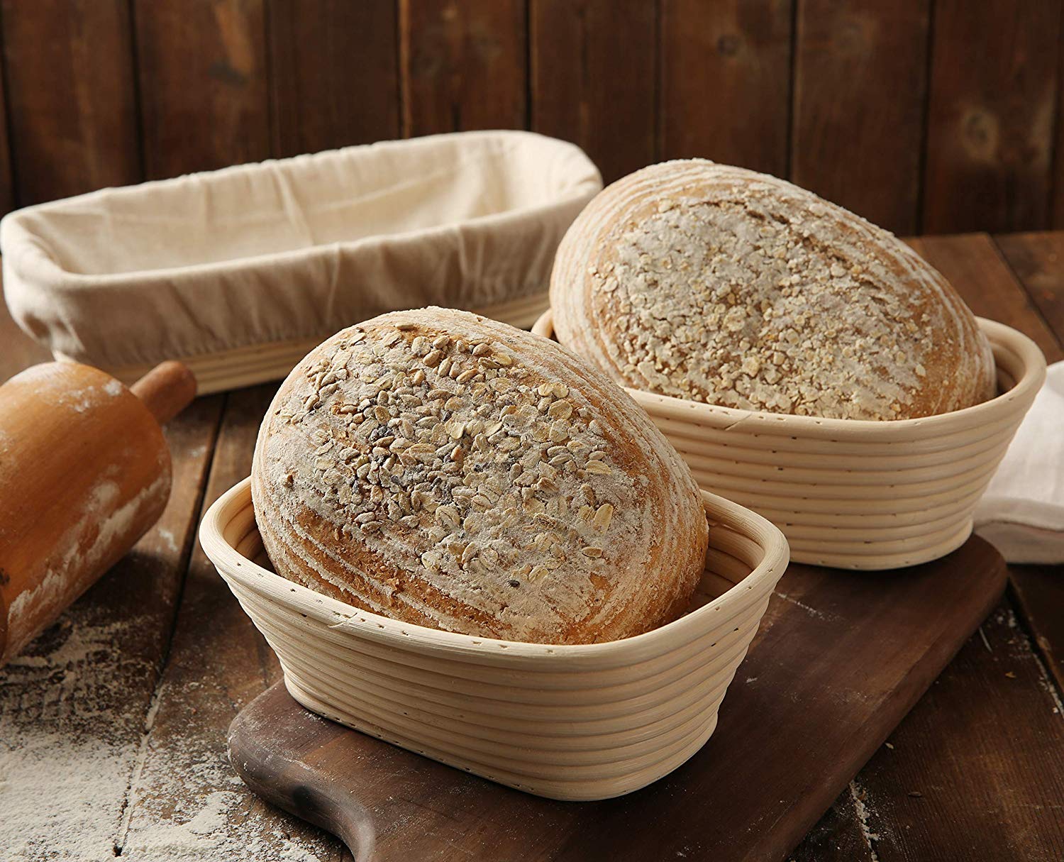 12 Inch Oblong Oval Banneton Bread Proofing Basket, Brotform Bread Dough Proofing Rattan Basket +Liner Combo Set