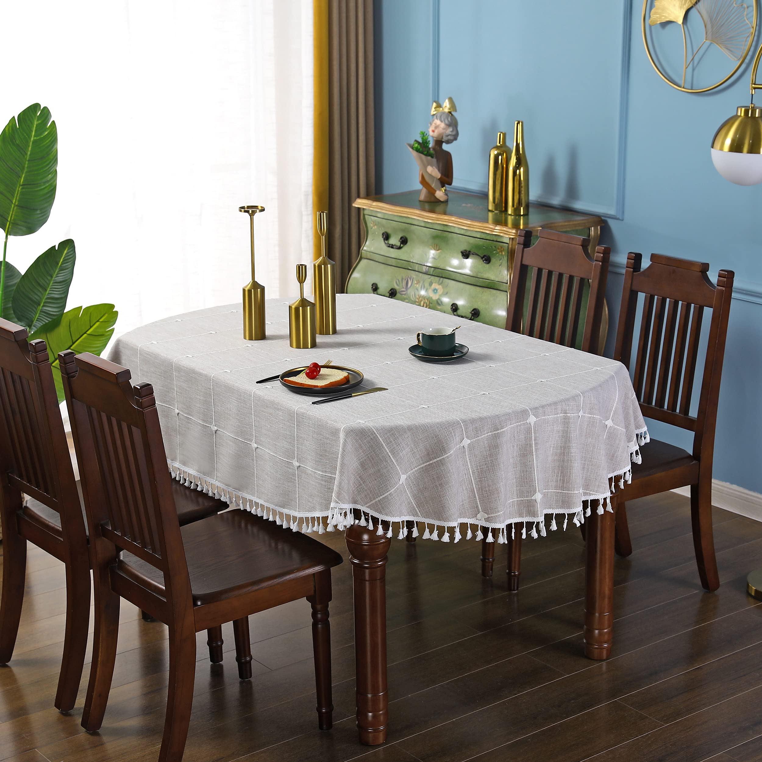 Brown Embroidery Lattice Oval Tablecloth with Tassel Heavy Duty Rustic Fabric Table Cover Wrinkle Resistant Washable Kitchen Dining Party Wedding Decoration 52 x 70 Inches