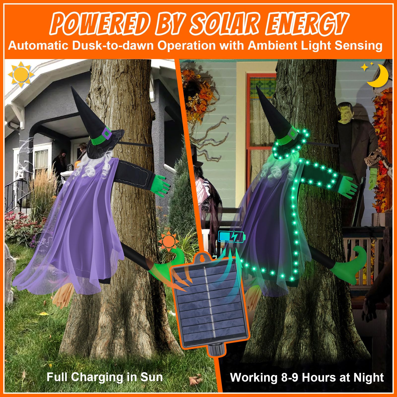 amadecohome Solar Halloween Decorations Outdoor Witches, 43 Flying Witch Crashing into Tree Hallowen Decor on Broom, Halloween W