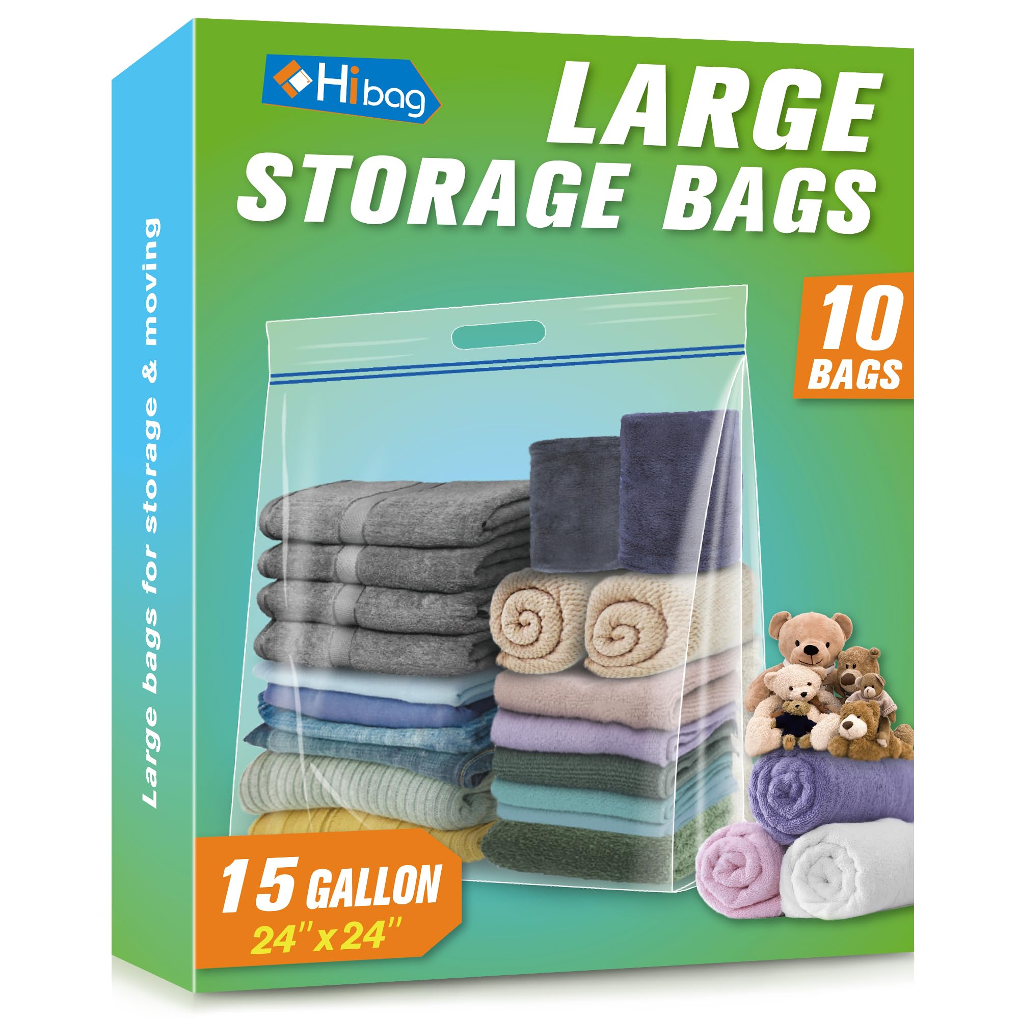 HIBAG 15 Gallon Large Storage Bags, 24    x 24    Resealable Ziplock Clear Bags with Handle, Extra Large XL Heavy Duty for Cloth