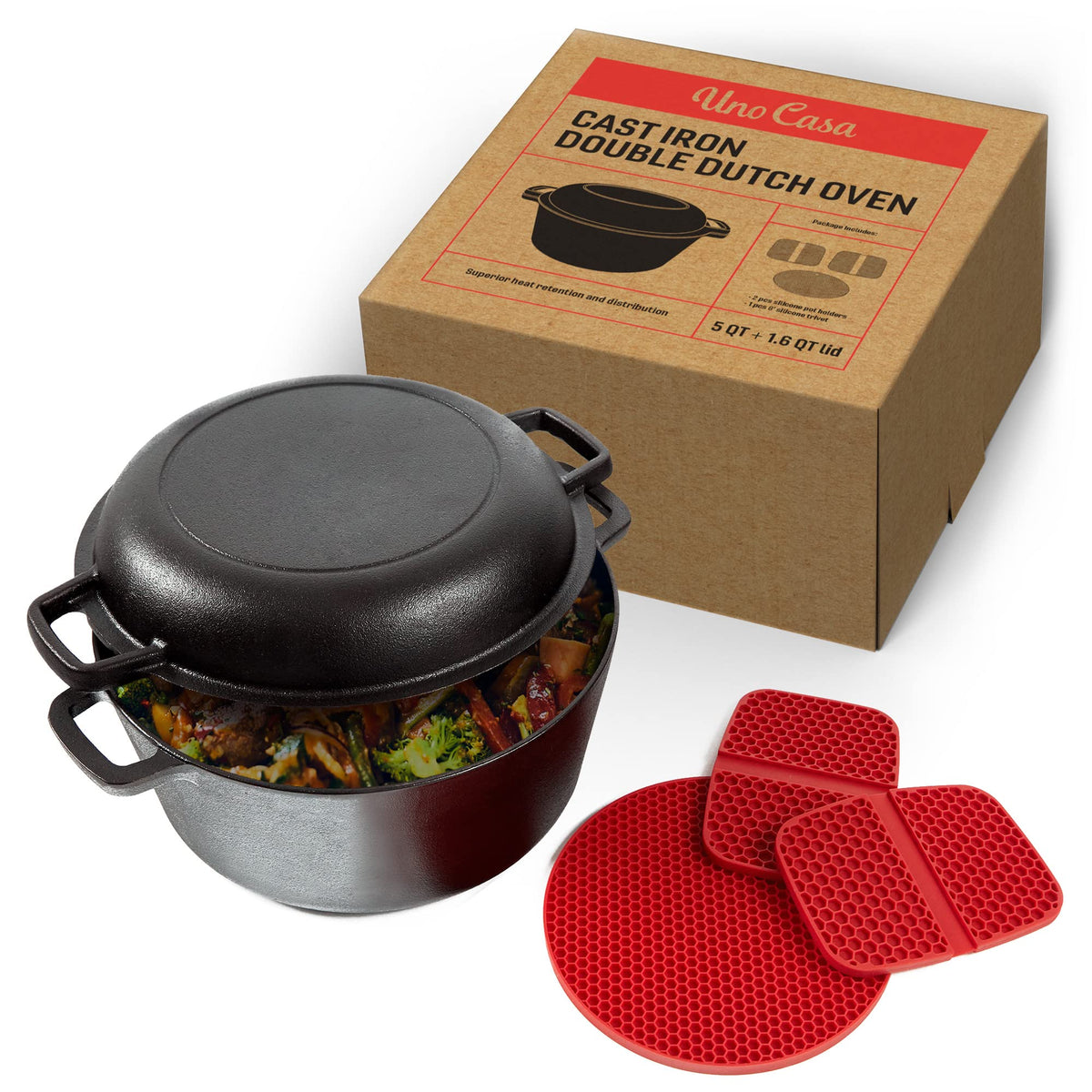 Uno Casa 2-In-1 Cast Iron Dutch Oven Large - 5 Quart Dutch Oven Pot With Lid, Pre-Seasoned Cooking Dish For Bread Baking And Ste
