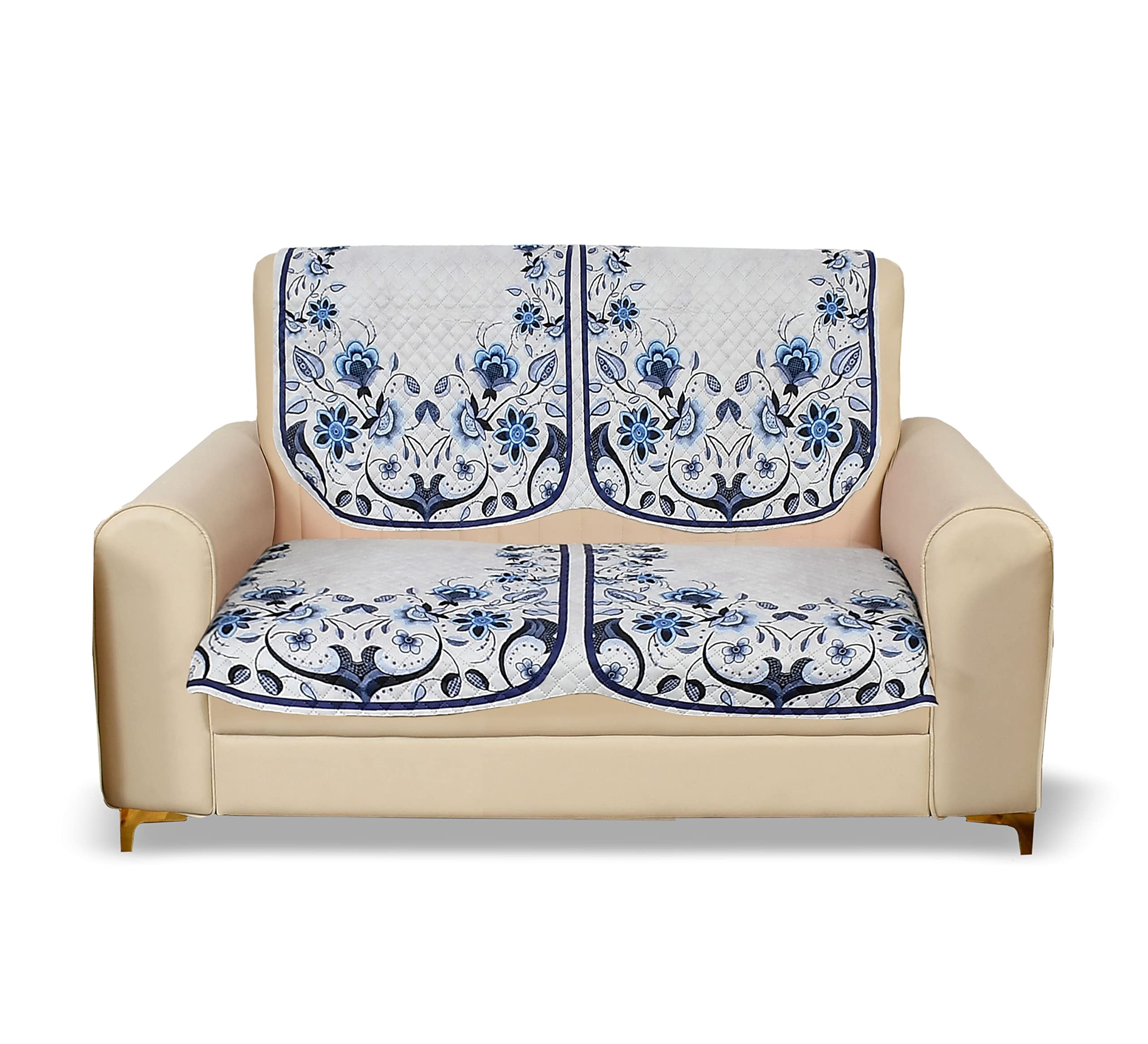 Yellow Weaves 2 Seater Quilted Sofa Chair Cover, Floral Design, Seat & Back Cover, Color - Blue, Velvet