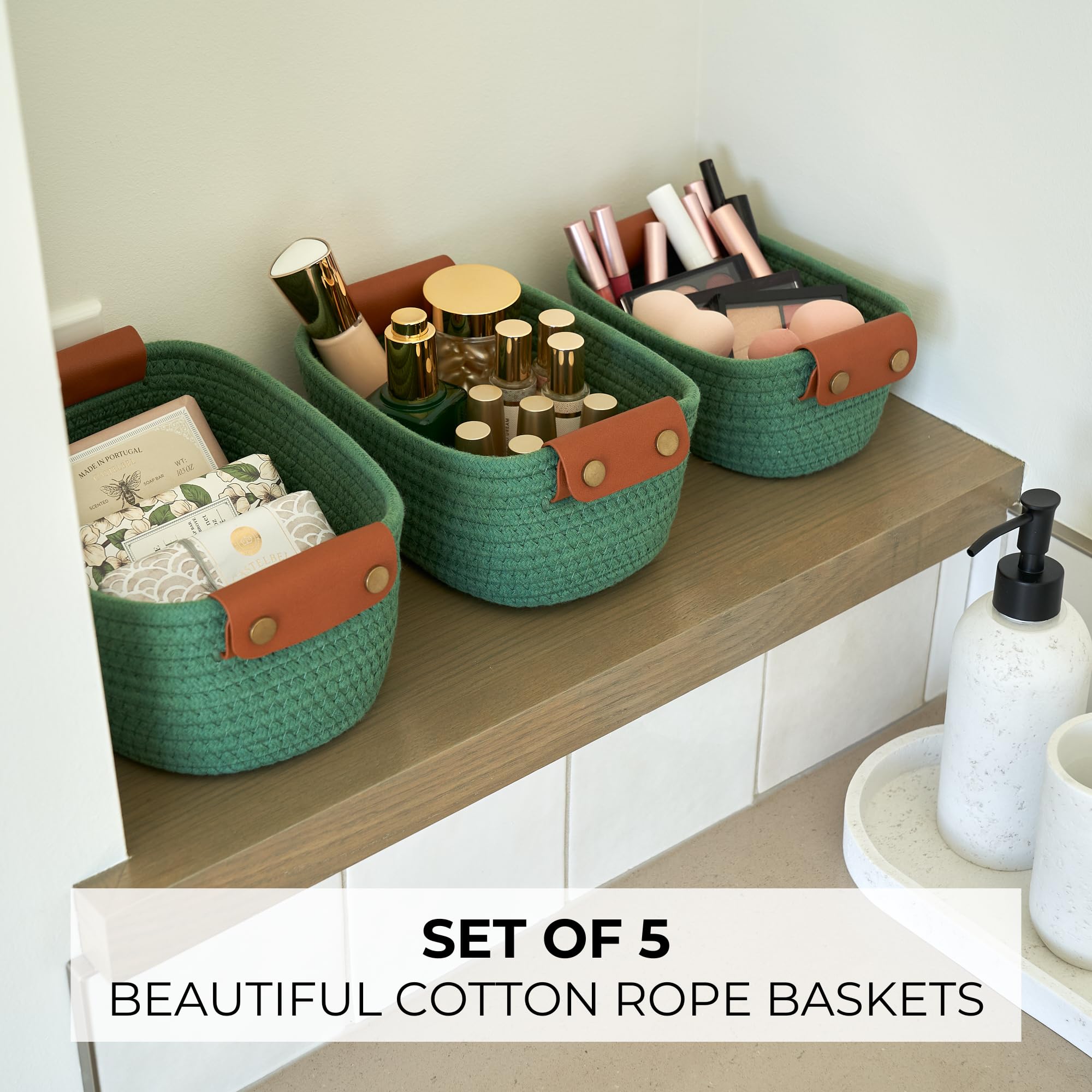 Beautiful Storage Basket Set Of 5 - Sturdy Cotton Rope Baskets For Shelves Are Perfect For Organizing Your Home - Quality Storag