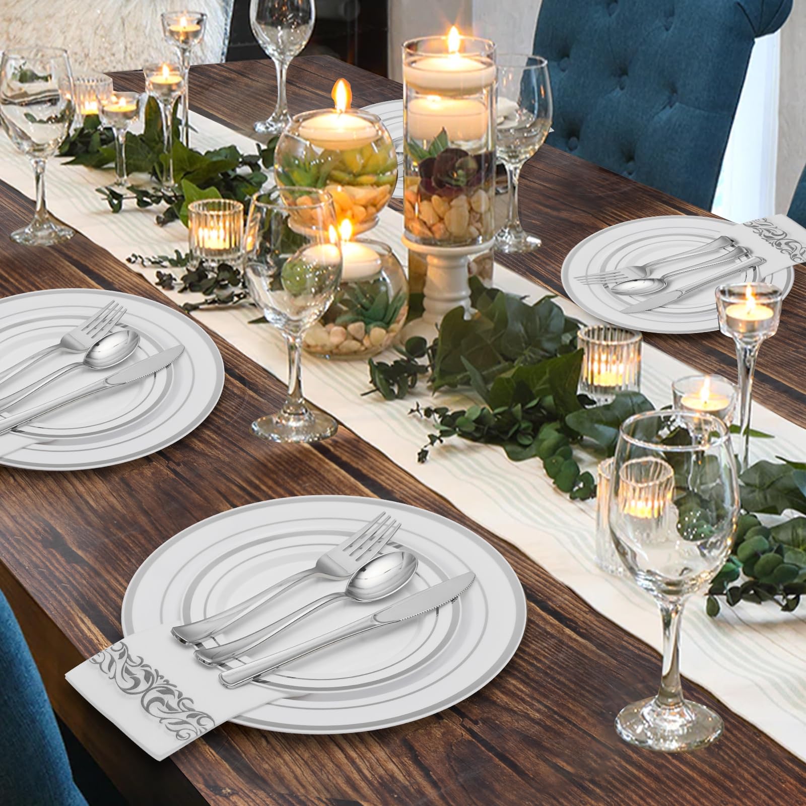 350 Piece Silver Dinnerware Set for 50 Guests  disposable Plastic Plates for Party  Include: 50 Silver Rim Dinner Plates  50 Dessert Plates  50 Paper Napkins  50 Cups  50 Plastic Silverware set