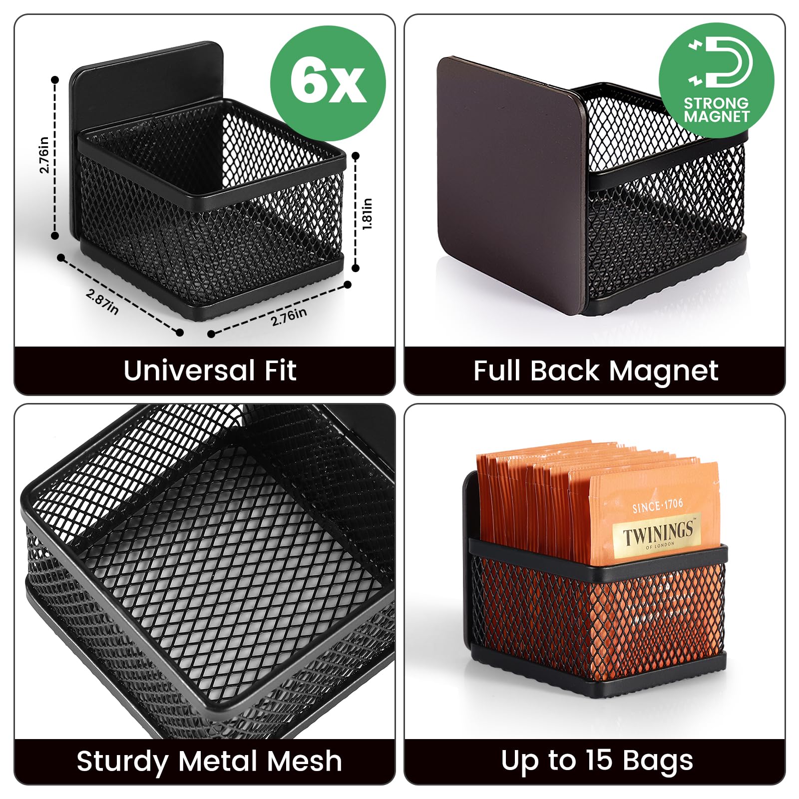 Junlynest Magnetic Tea Bag Organizer - 6-Piece Metal Tea Organizer For Refrigerator, Kitchen Shelf And Counter, Stylish & Space