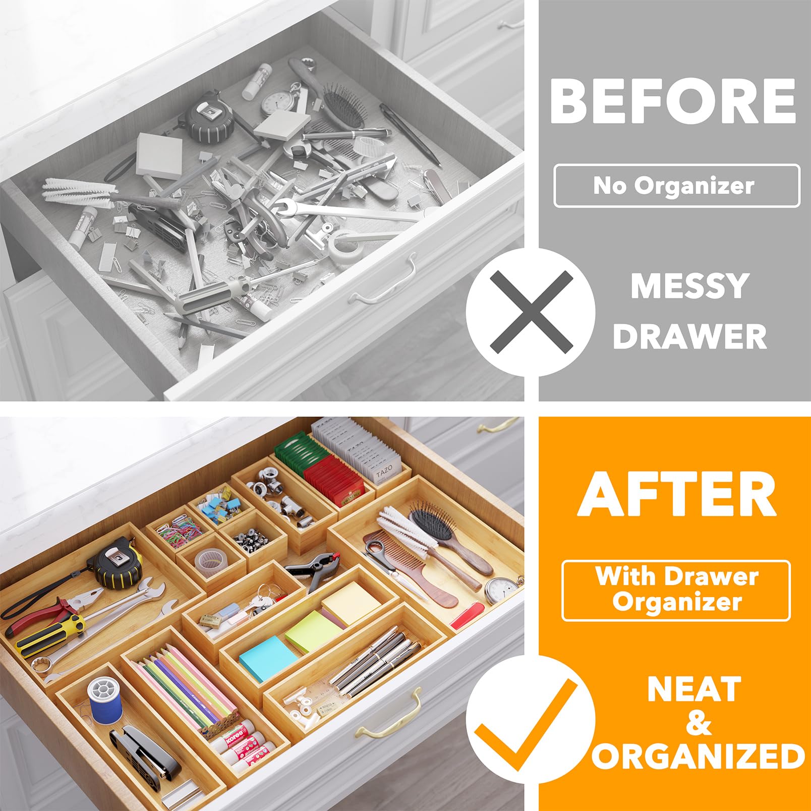 SpaceAid 14-Piece Bamboo Drawer Organizer Storage Boxes Set, Wood Tray Junk Drawer Organizers Multi-Use Divider Bins for Kitchen