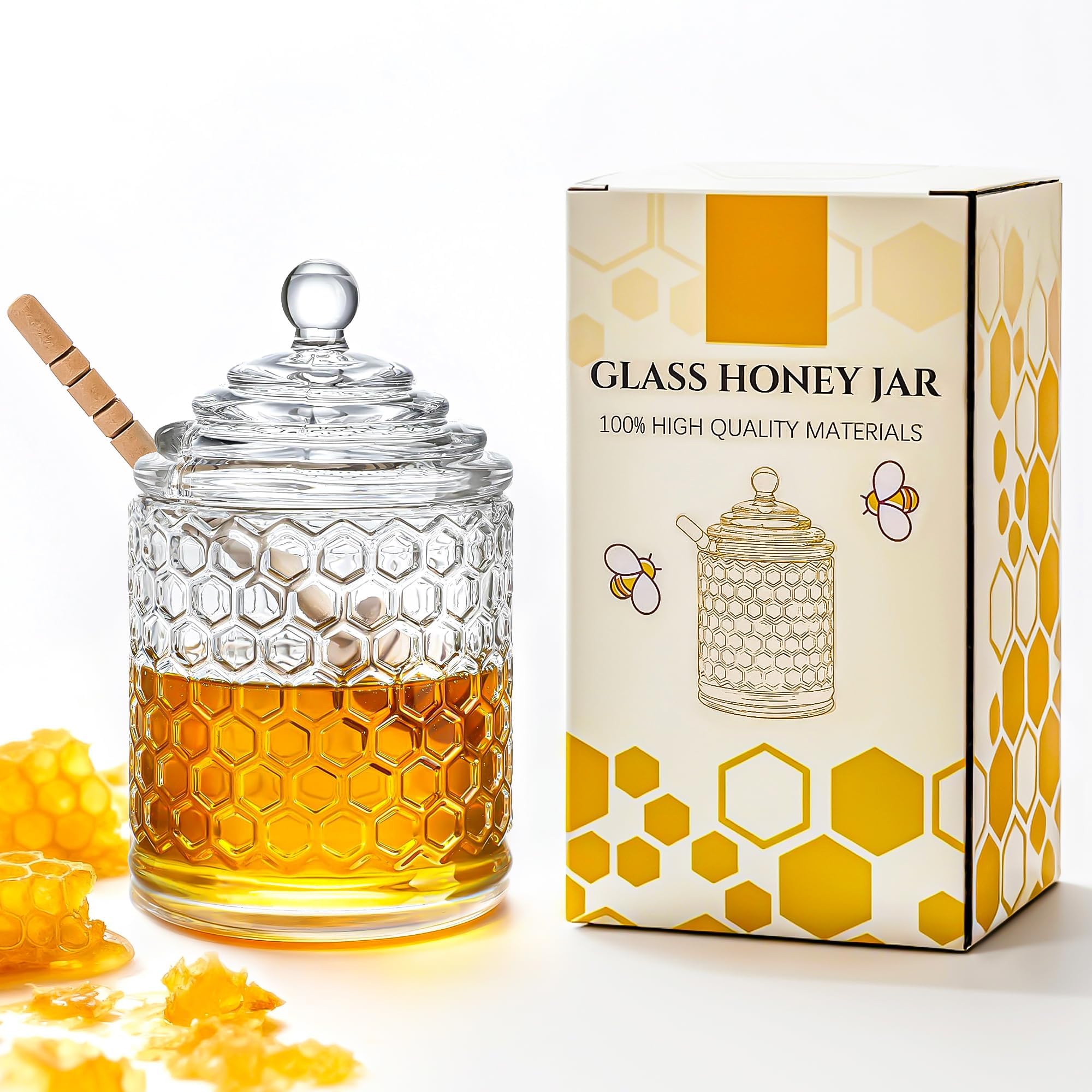 kanpura Clear Crystal Honey Pot with Dipper and Lid Glass Honey Jar with Dispenser Honey Holder and Syrup Container for Christma