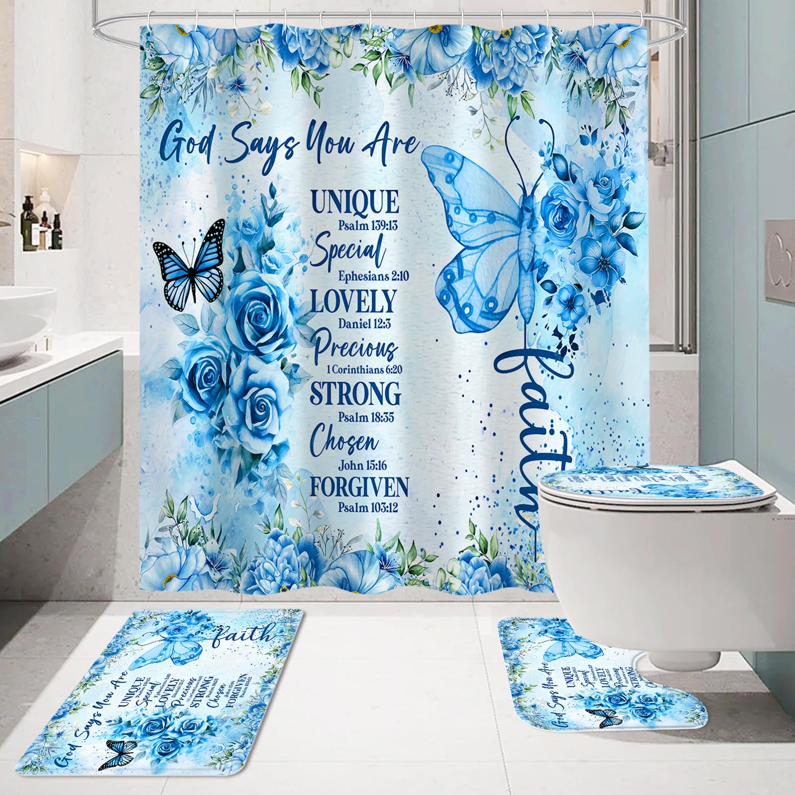 Litabel 4 Pcs Blue Butterfly Inspirational Quotes Shower Curtain Set With Rugs And Toilet Lid Cover, Colorful Boho Waterproof Fa