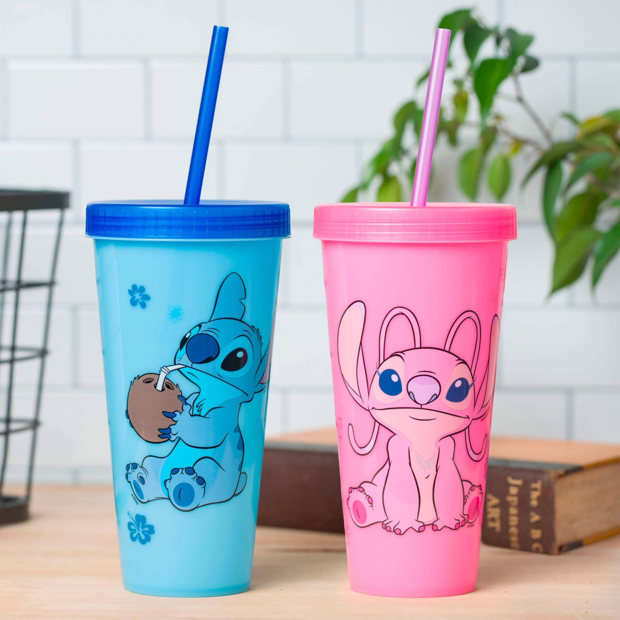 Silver Buffalo Disney Lilo And Stitch Angel Coconut Flowers 2 Pack Color Change Plastic Tumbler, 24-Ounce