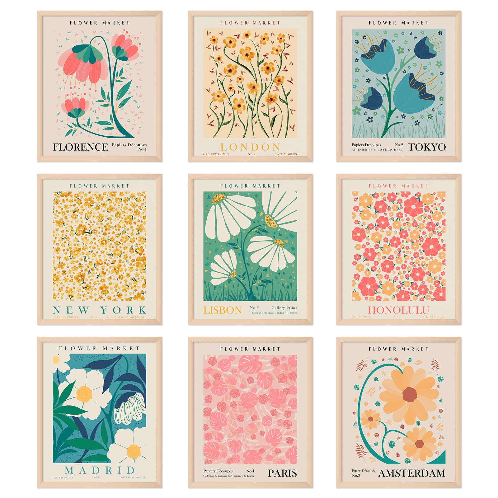 Anydesign 9Pcs Flower Market Wall Art Prints Matisse Art Poster Decor Floral Drawing Posters Colorful Floral Room Decor For Gall