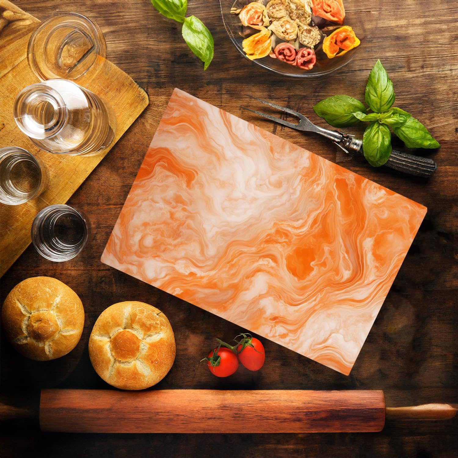Orange White Marble Kitchen Glass Cutting Board Ocean Decorative Gift Marbled Granite Stone Rock Gift For Her Mom Wife (Orange M