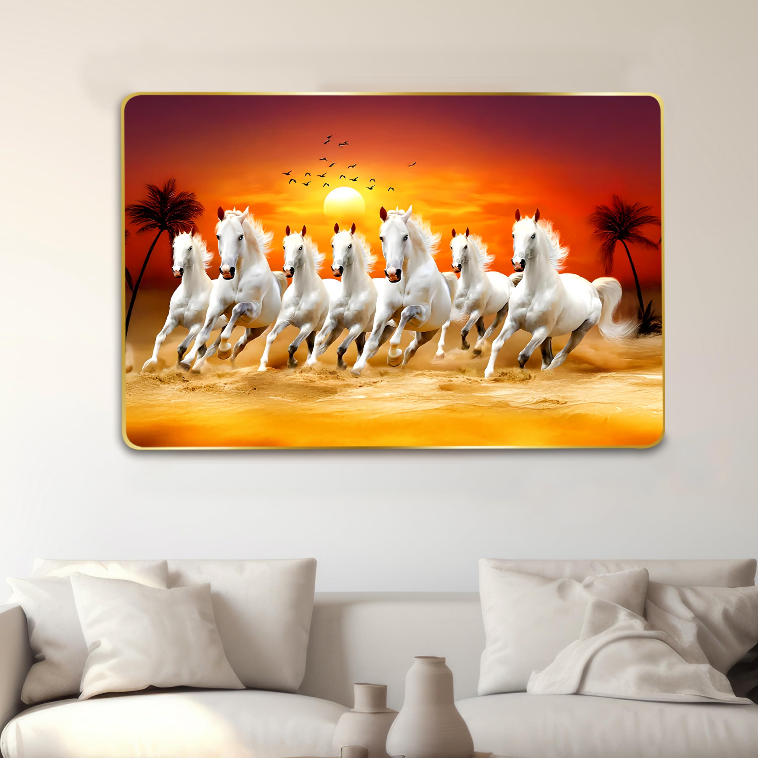 Rousrie 7 Horses Realistic Painting With Frame For Wall Vastu | Seven Running Horse Painting For Wall Decor Living Room Decorati