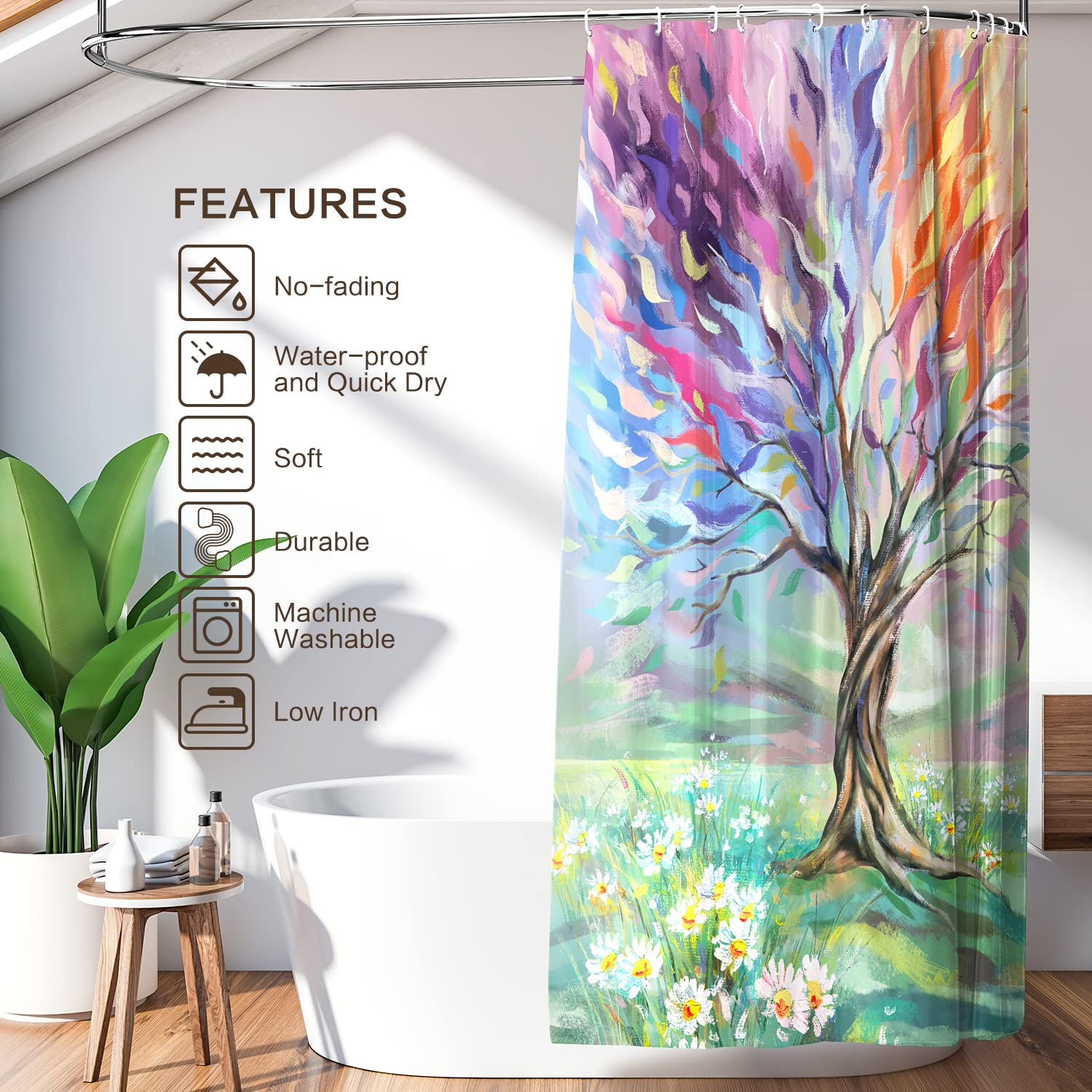 Oil Painting Tree Shower Curtain, Colored Seasons Tree Shower Curtain For Bathroom With 12 Hooks, Polyester Fabric Washable Show