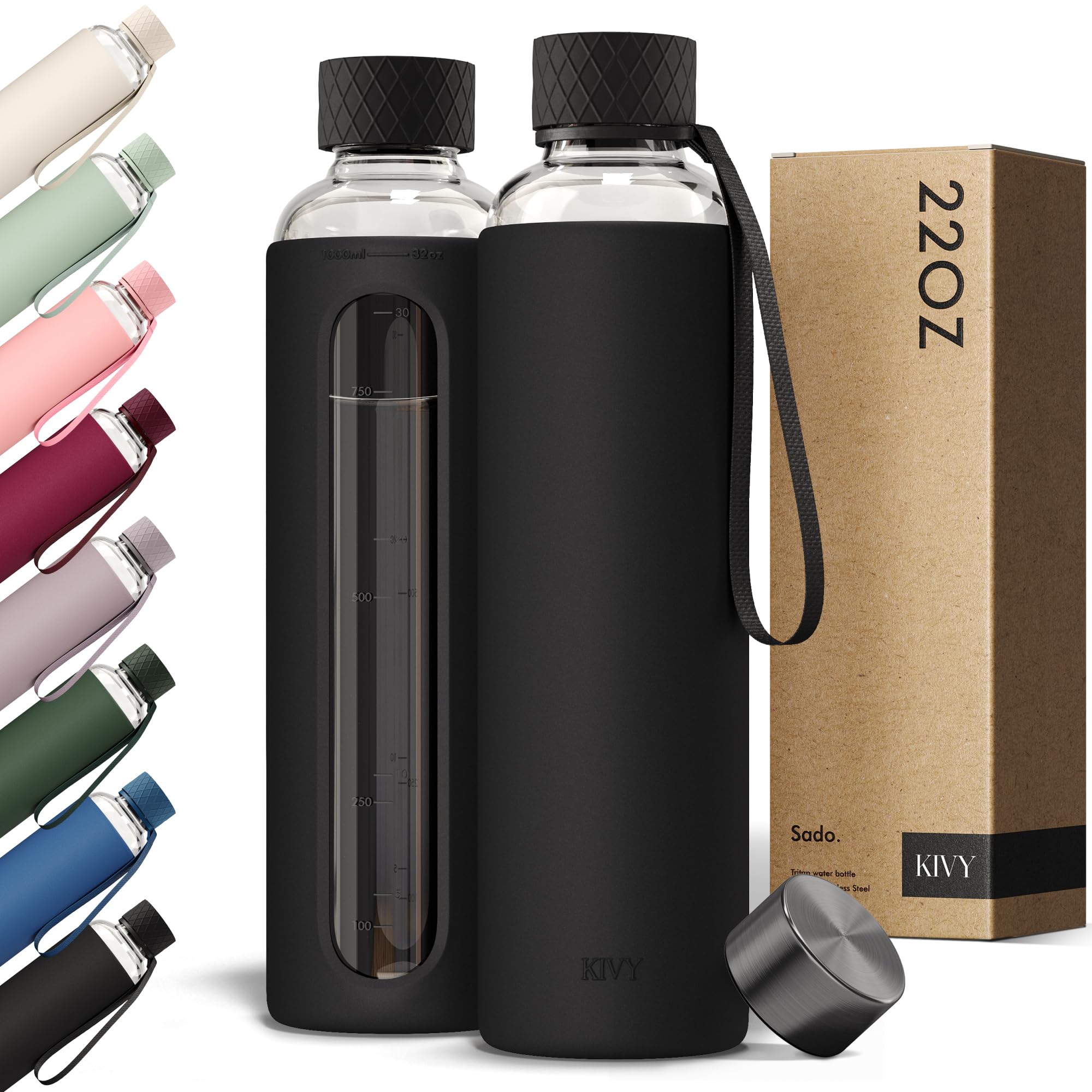 KIVY Glass Water Bottle with Silicone Sleeve 22 oz [WITH MEASUREMENT] - Borosilicate Glass Water Bottle Screw Top - Clear Bottle