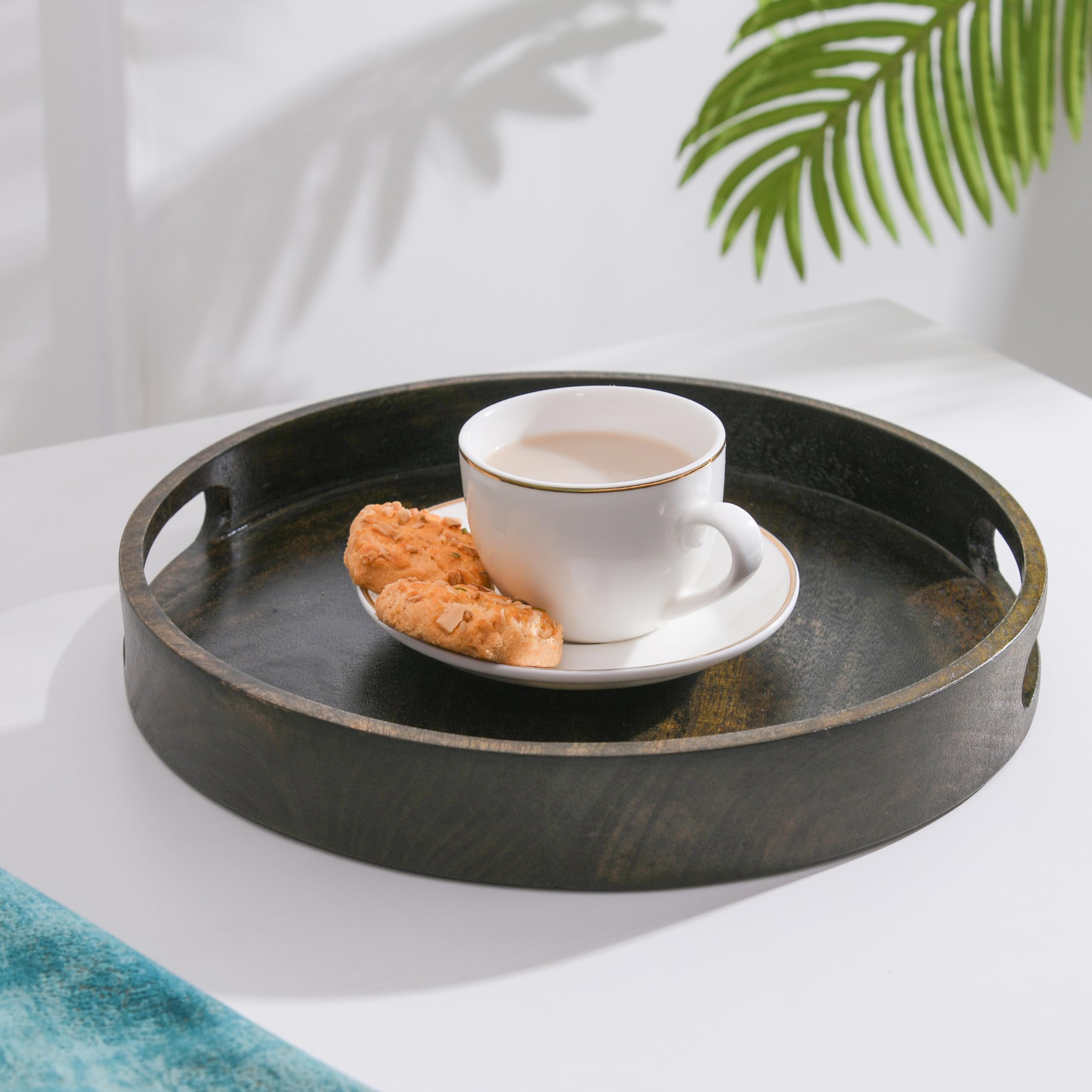 Wood Curls Aret Round Wooden Serving Tray With Handles | Multipurpose Mango Wood Tray | Walnut Finish | Elegant Tray For Kitchen