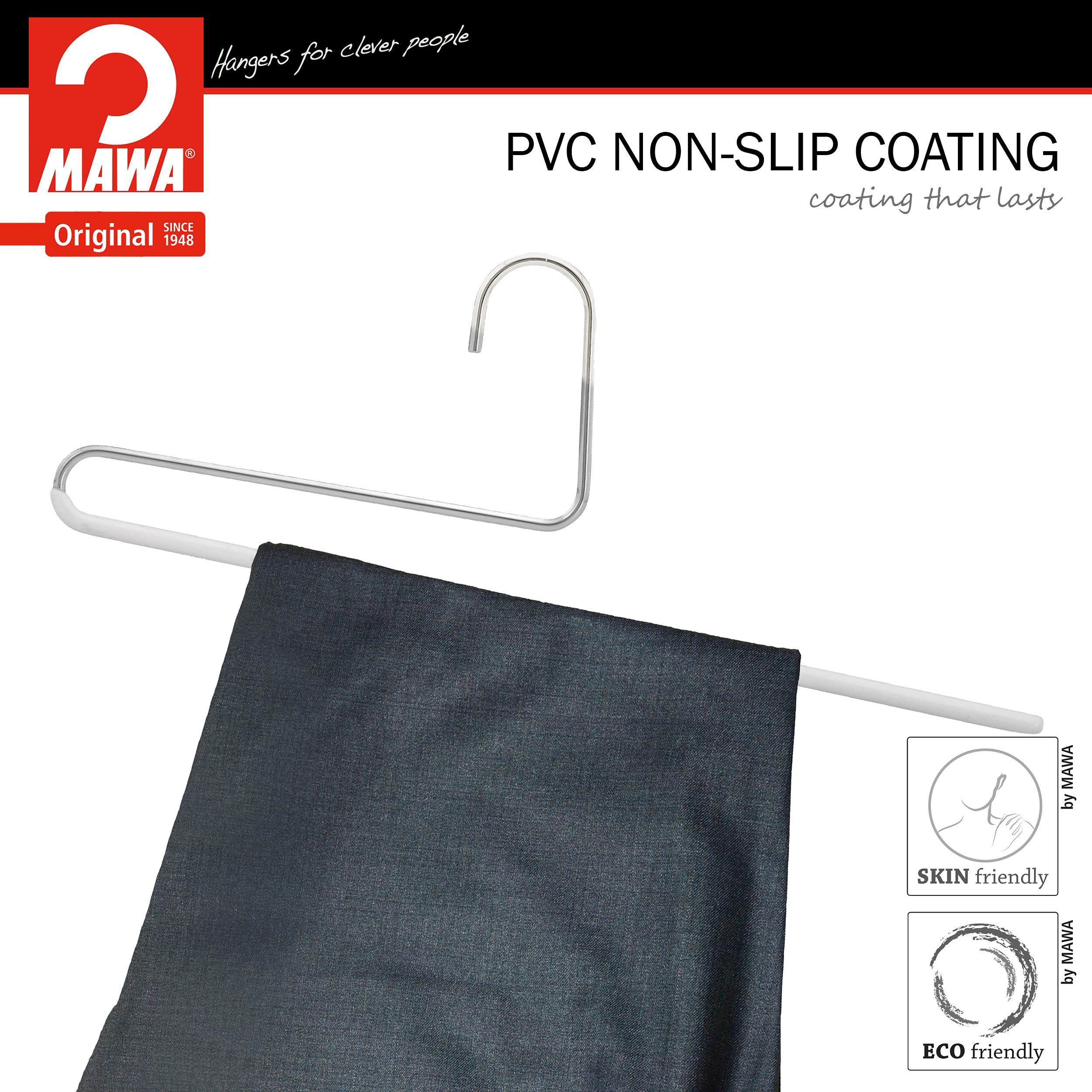 Mawa By Reston Lloyd Reverse Hook Trouser Series Non-Slip Space-Saving Clothes Hanger With Single Rod For Pants, Style Kh/35U, S