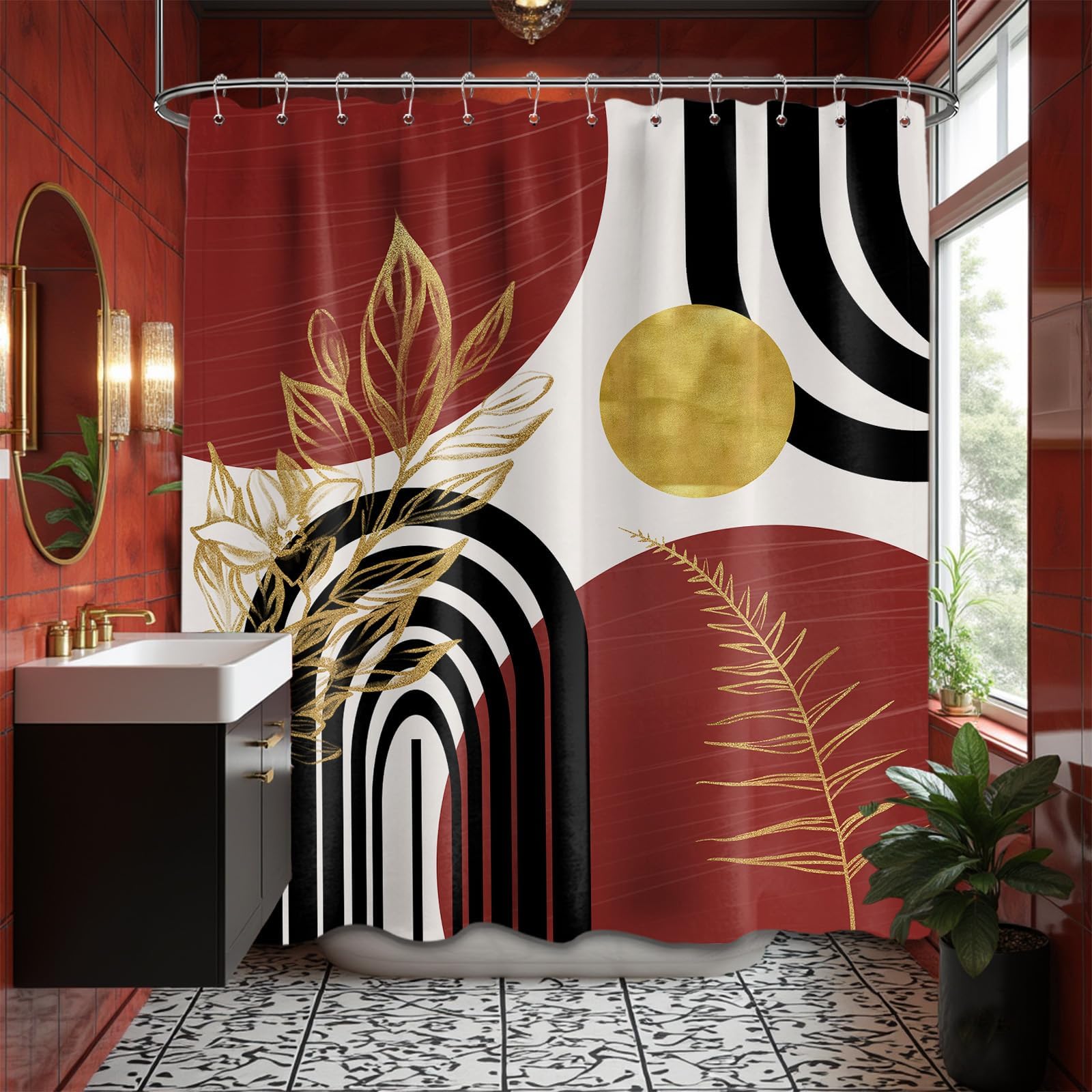 Qghot Black And Red Shower Curtain Boho Mid Century Red And Gold And White Shower Curtains For Bathroom Decor, Waterproof Cloth 