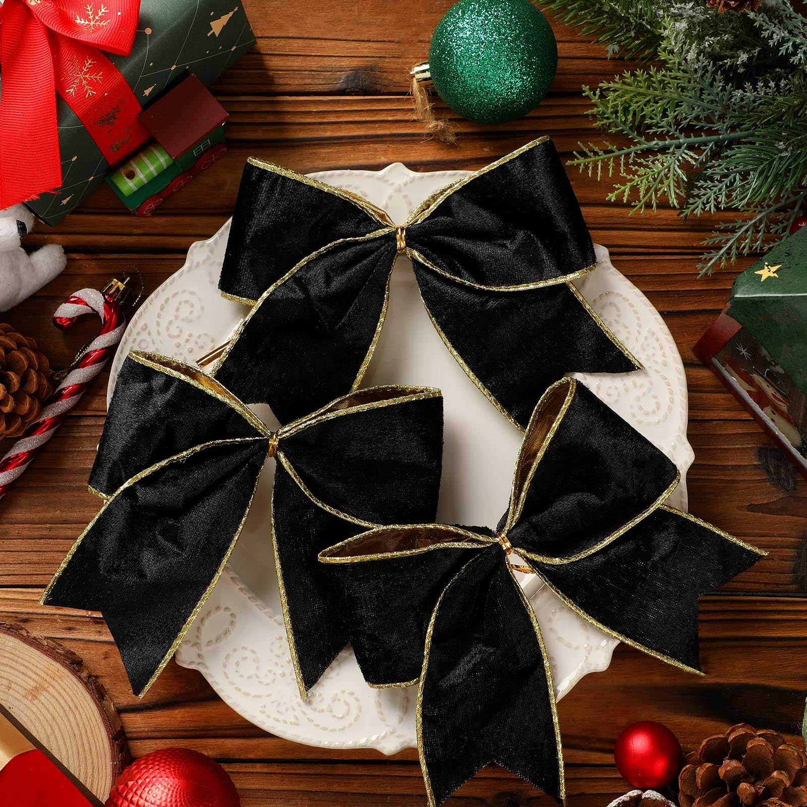 Panelee 12 Pcs Black Velvet Christmas Bows 6 x 6 in Wreath Bow Christmas Tree Decorations Ornaments for Hanukkah Xmas Tree Toppe