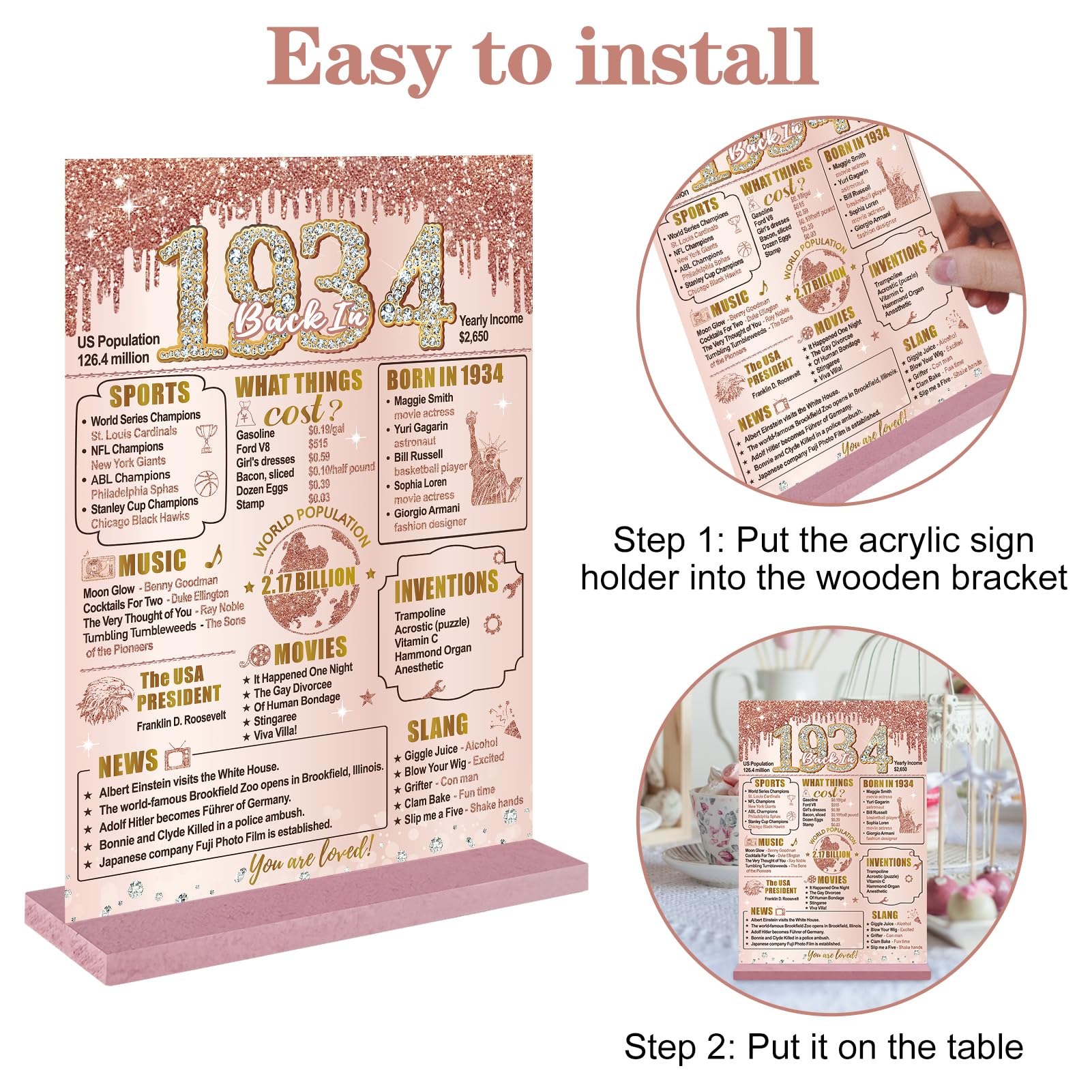 Bumqviy Happy 90Th Birthday Decorations Back In 1934 Table Sign For Women, Pink Rose Gold 90 & Fabulous Birthday Two-Sided Woode