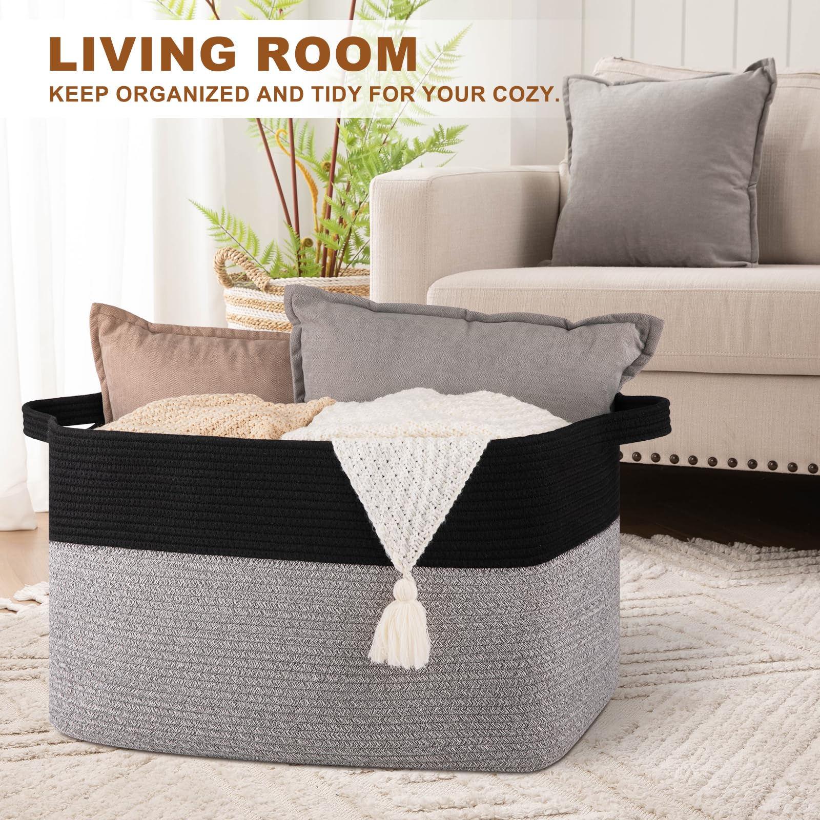 Oiasket Extra Large Laundry Basket, 95L Blanket Basket For Living Room, Cotton Rope Storage Basket, Toy Basket For Kids, Woven B