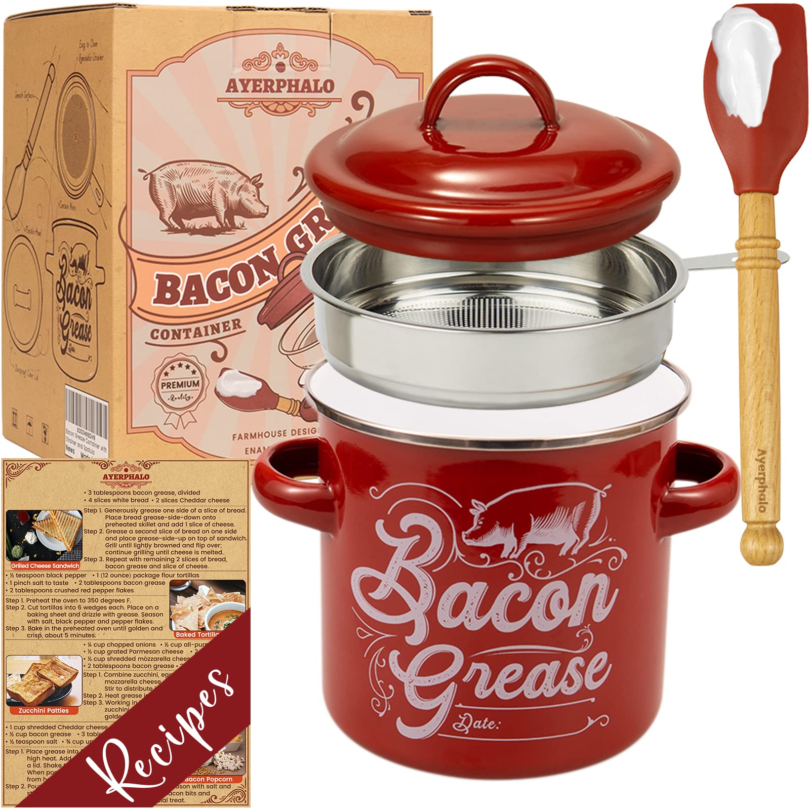 Ayerphalo Bacon Grease Container With Strainer - 46Oz Large Capacity, With Silicone Wooden Spatula, Enamel Bacon Grease Keeper F