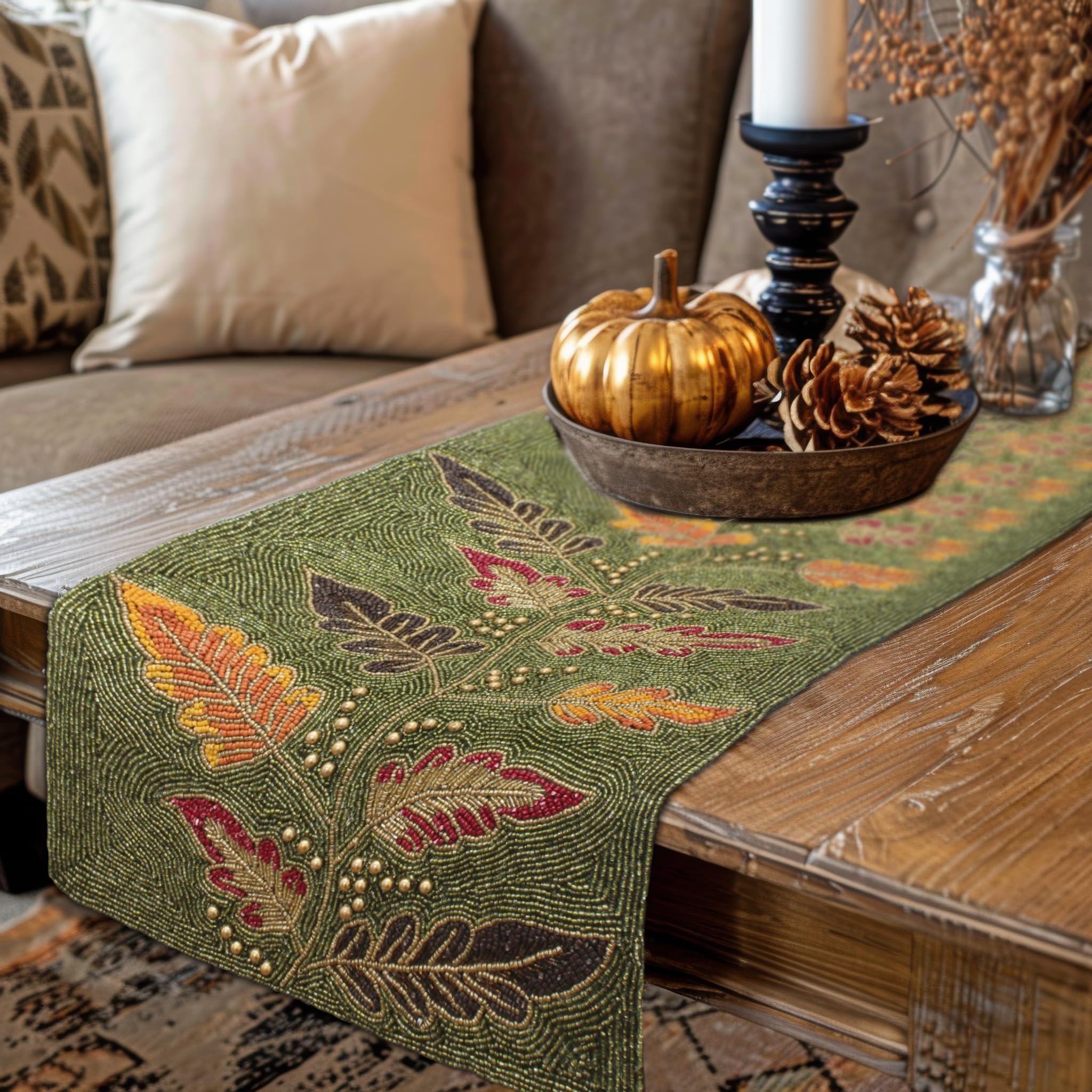COTTON CRAFT Harvest Beaded Table Runner - Fall Leaves Autumn Foliage Handmade Tablerunner - Thanksgiving Halloween Christmas Ce