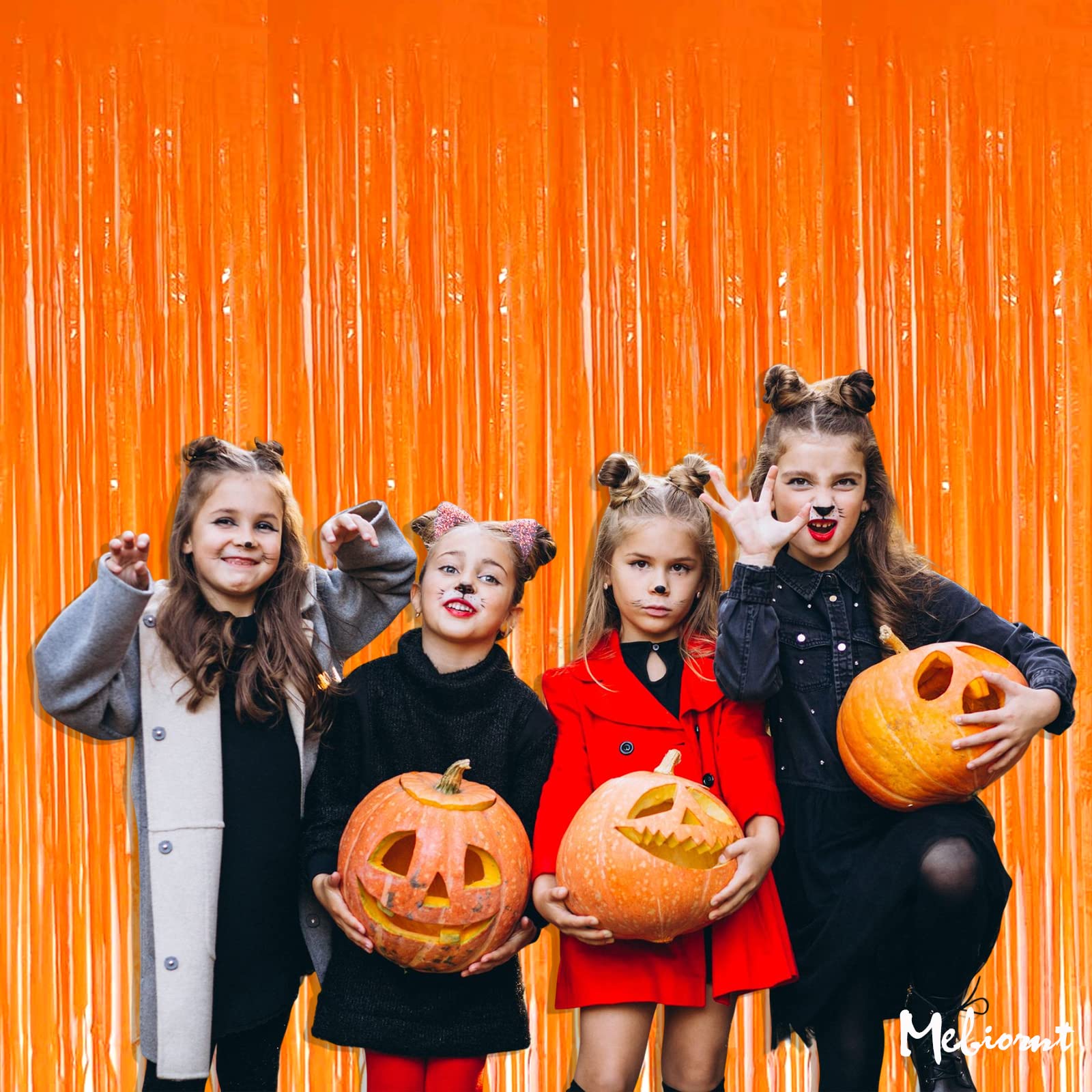 4 Pack Fringe Curtain Backdrop, 3.2Ft X 9.8Ft Macaron Orange Metallic Tinsel Foil Fringe Streamers Background For Photo Booth Bi