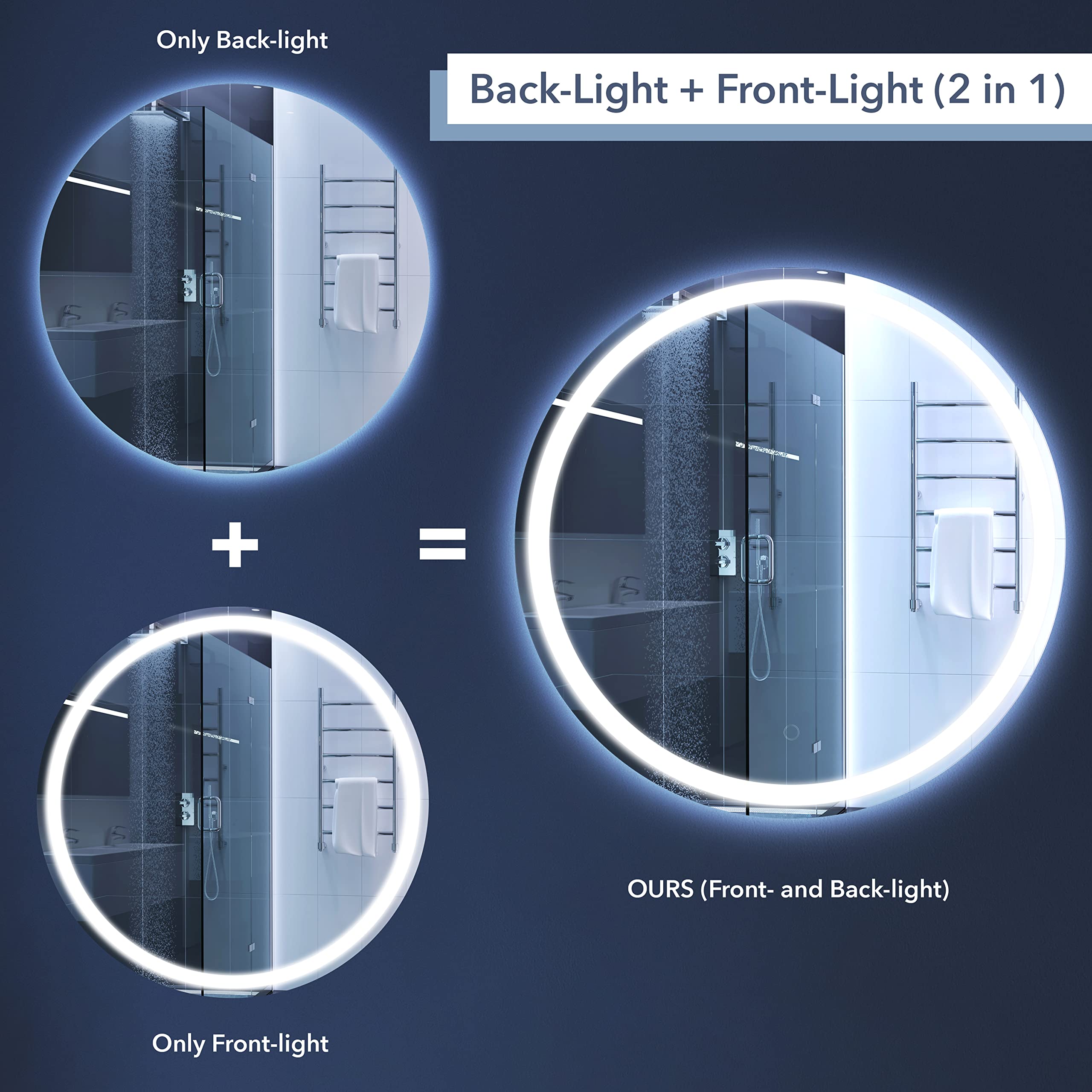 JONATHAN Y MIR101A-27R Dane 27'' Round Frameless Anti-Fog Aluminum Front/Back-lit Tri-Color LED Bathroom Vanity Mirror with Smart Touch Control  White  27'' high x 27'' Wide x 1.25'' deep
