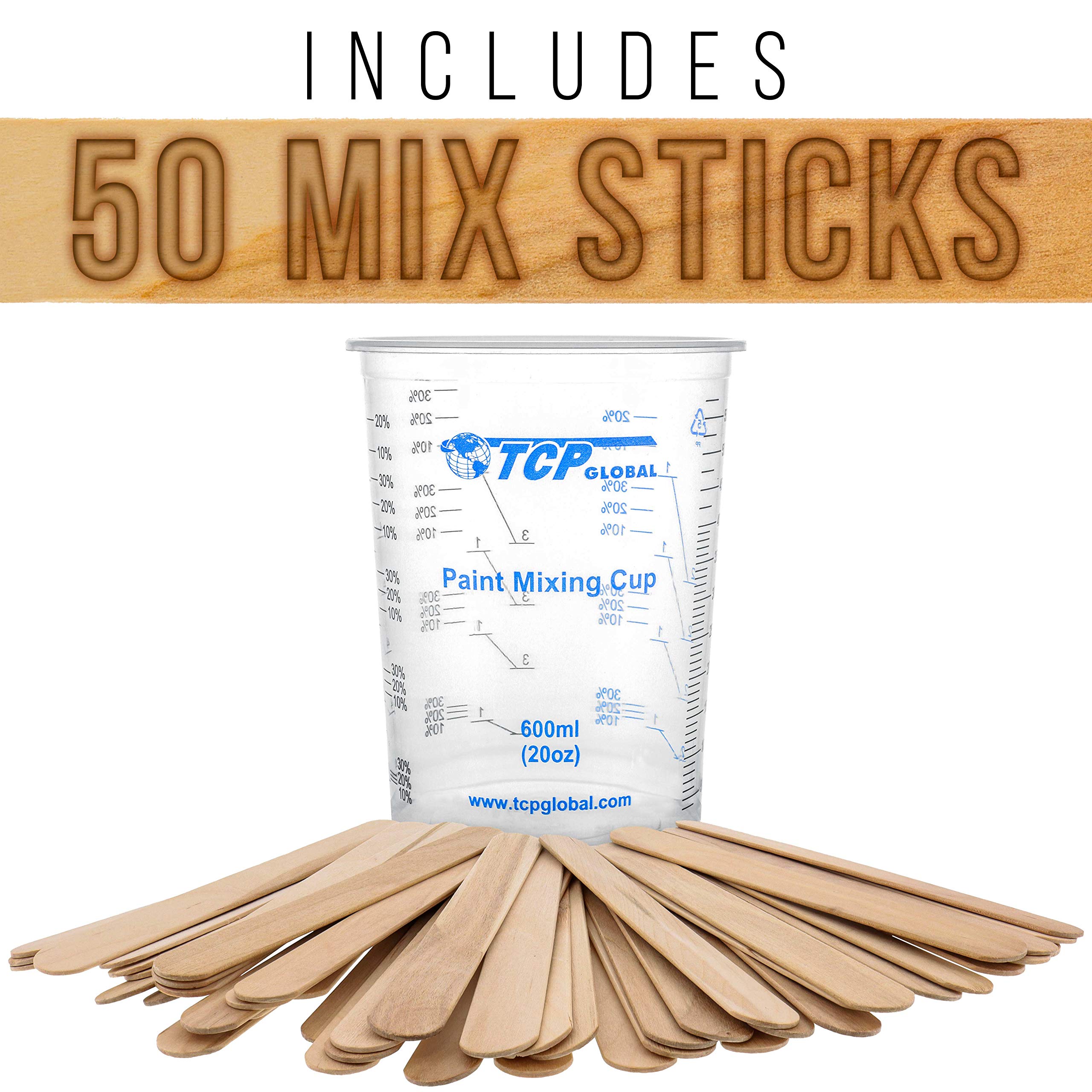 Tcp Global 20 Ounce (600Ml) Disposable Flexible Clear Graduated Plastic Mixing Cups - Box Of 50 Cups & 50 Mixing Sticks - Use Fo